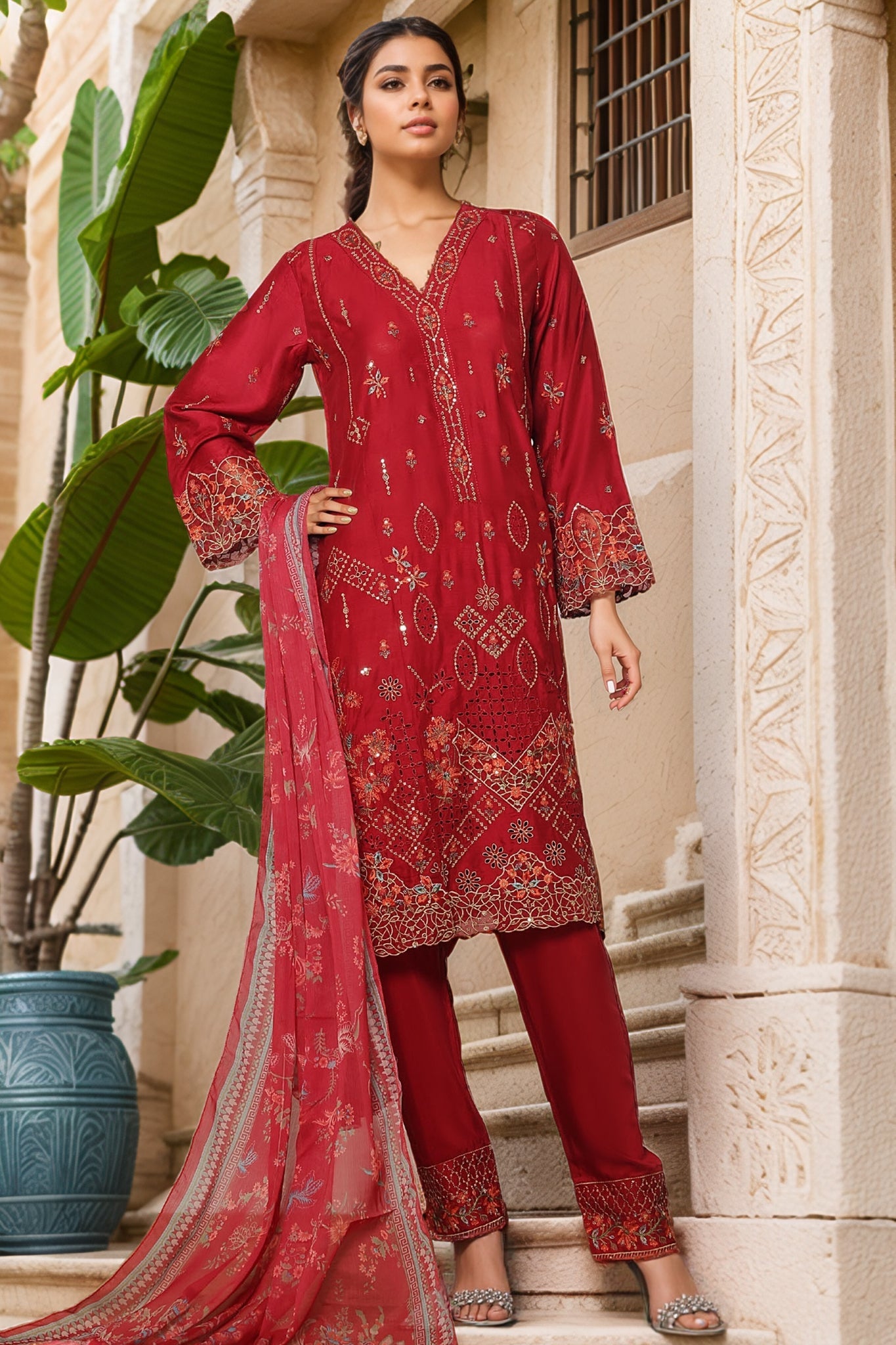 Bin Saeed Stitched 3 Piece Luxury Collection'2025-OWCS-2306-Red