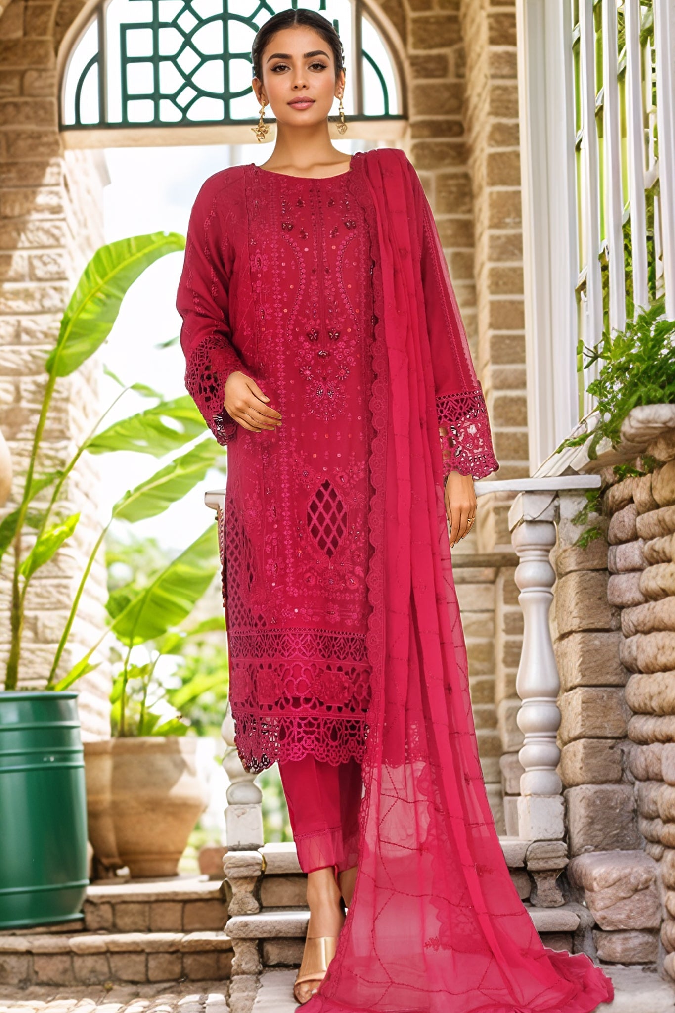 Bin Saeed Stitched 3 Piece Luxury Emb Chiffon Collection'2025-OMC-1895-Red