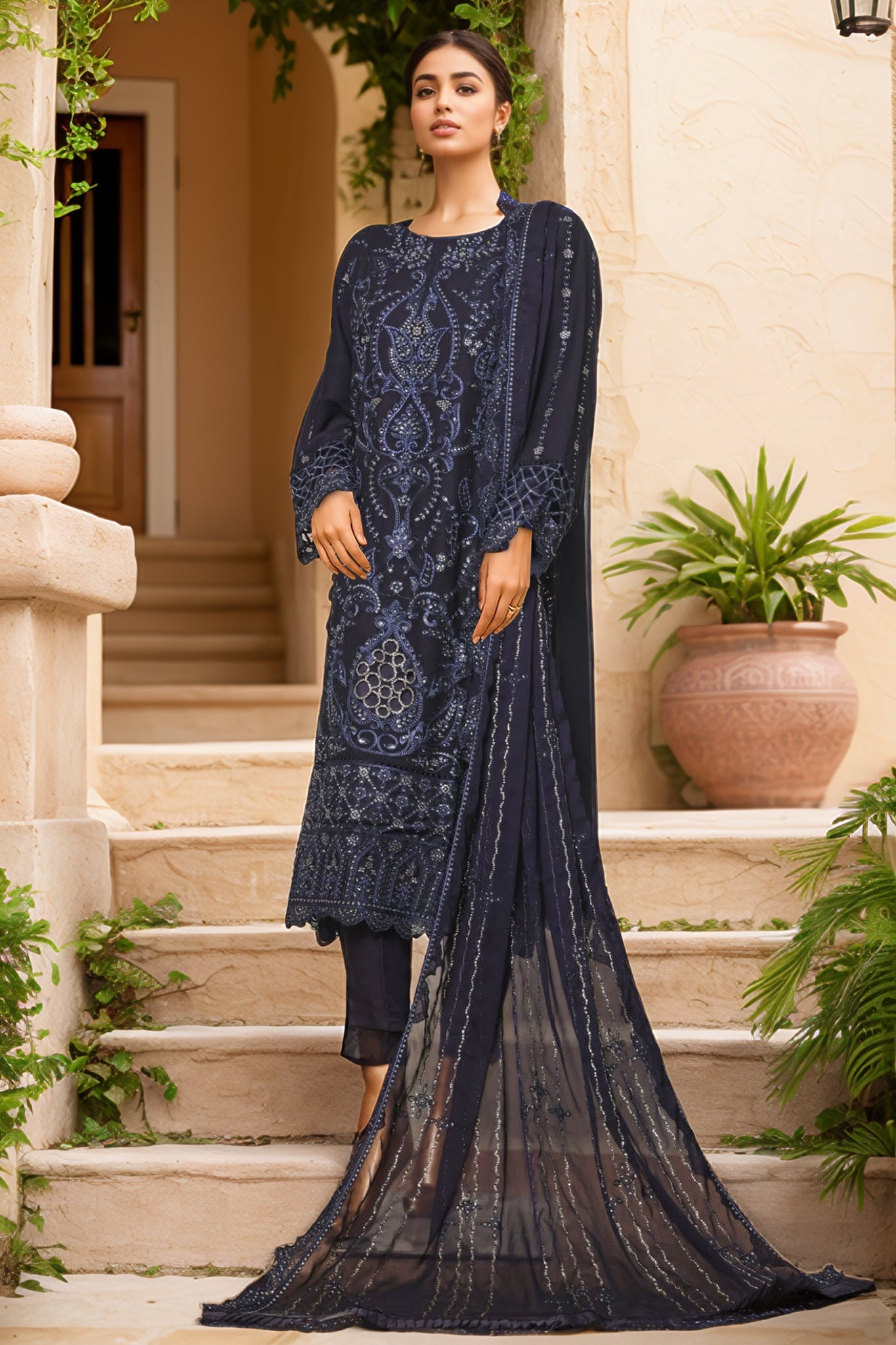 Bin Saeed Stitched 3 Piece Luxury Emb Chiffon Collection'2025-RTSC-2148-Navy Blue