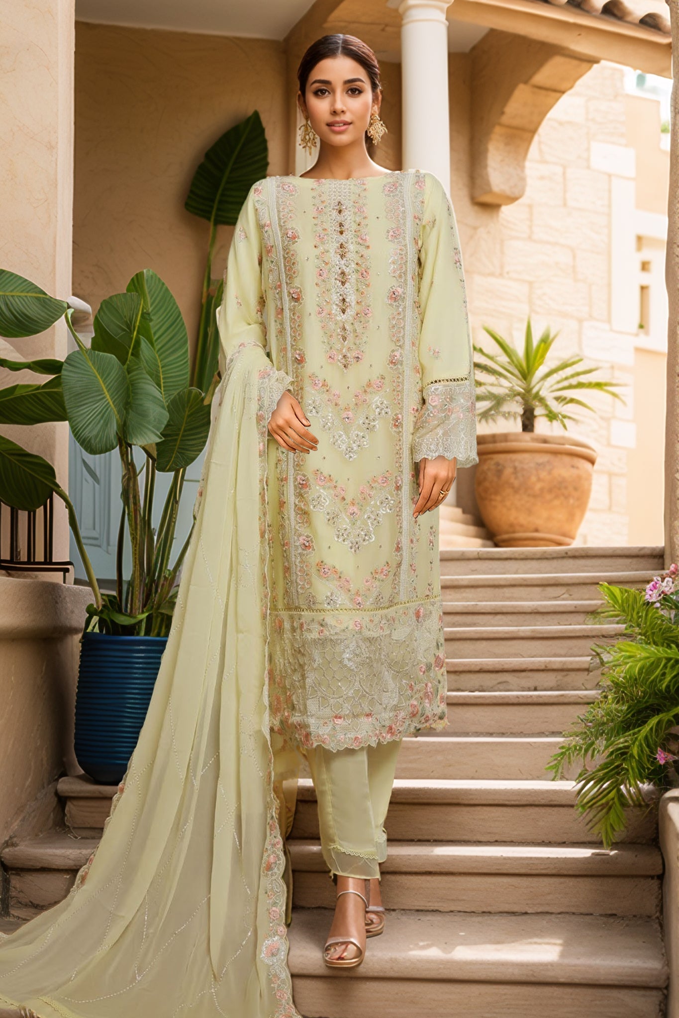 Bin Saeed Stitched 3 Piece Luxury Emb Chiffon Collection'2025-STSC-2150-Cream