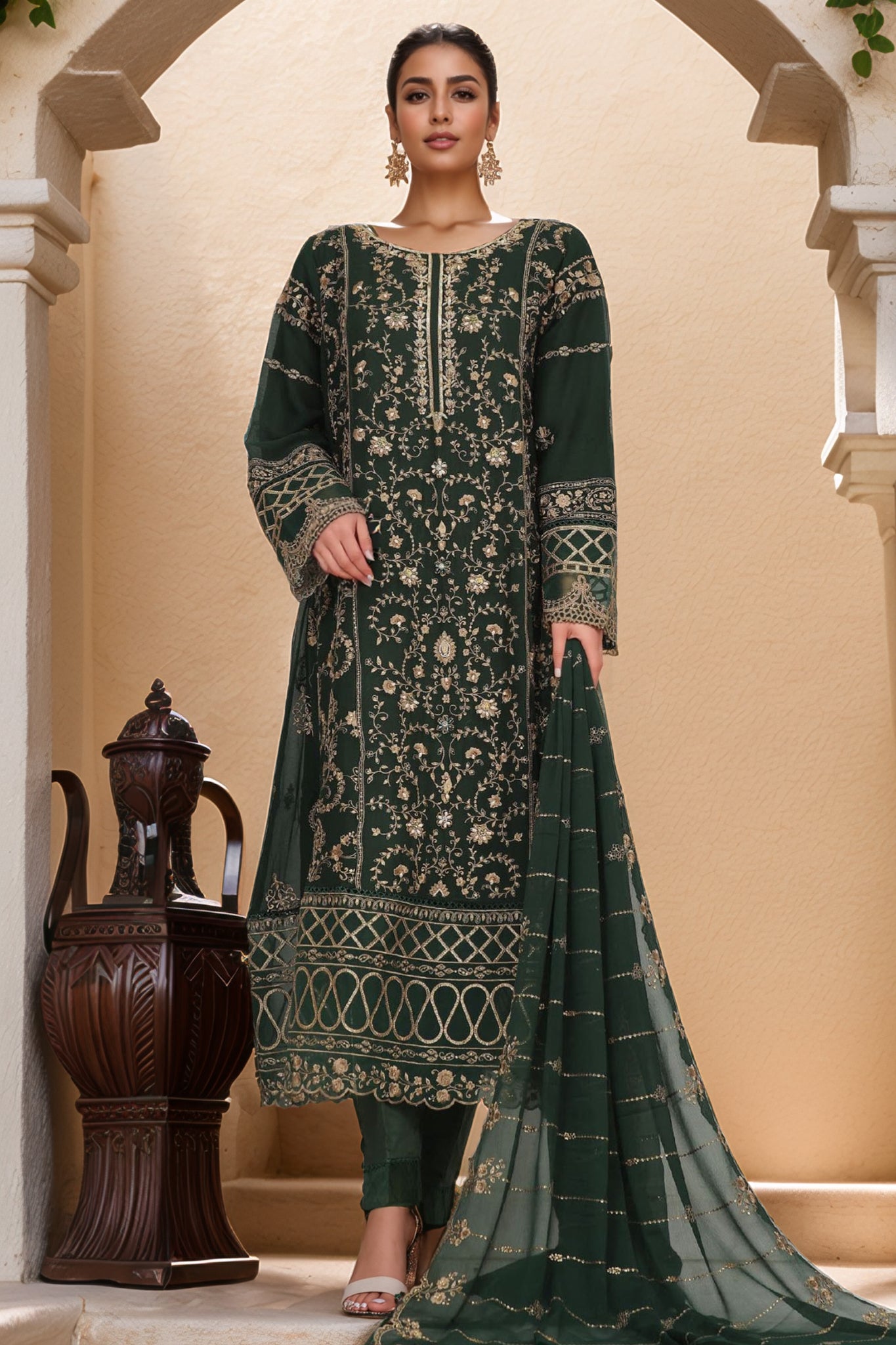 Bin Saeed Stitched 3 Piece Luxury Emb Chiffon Frock Vol-03 Collection-OMSC-1679-Green