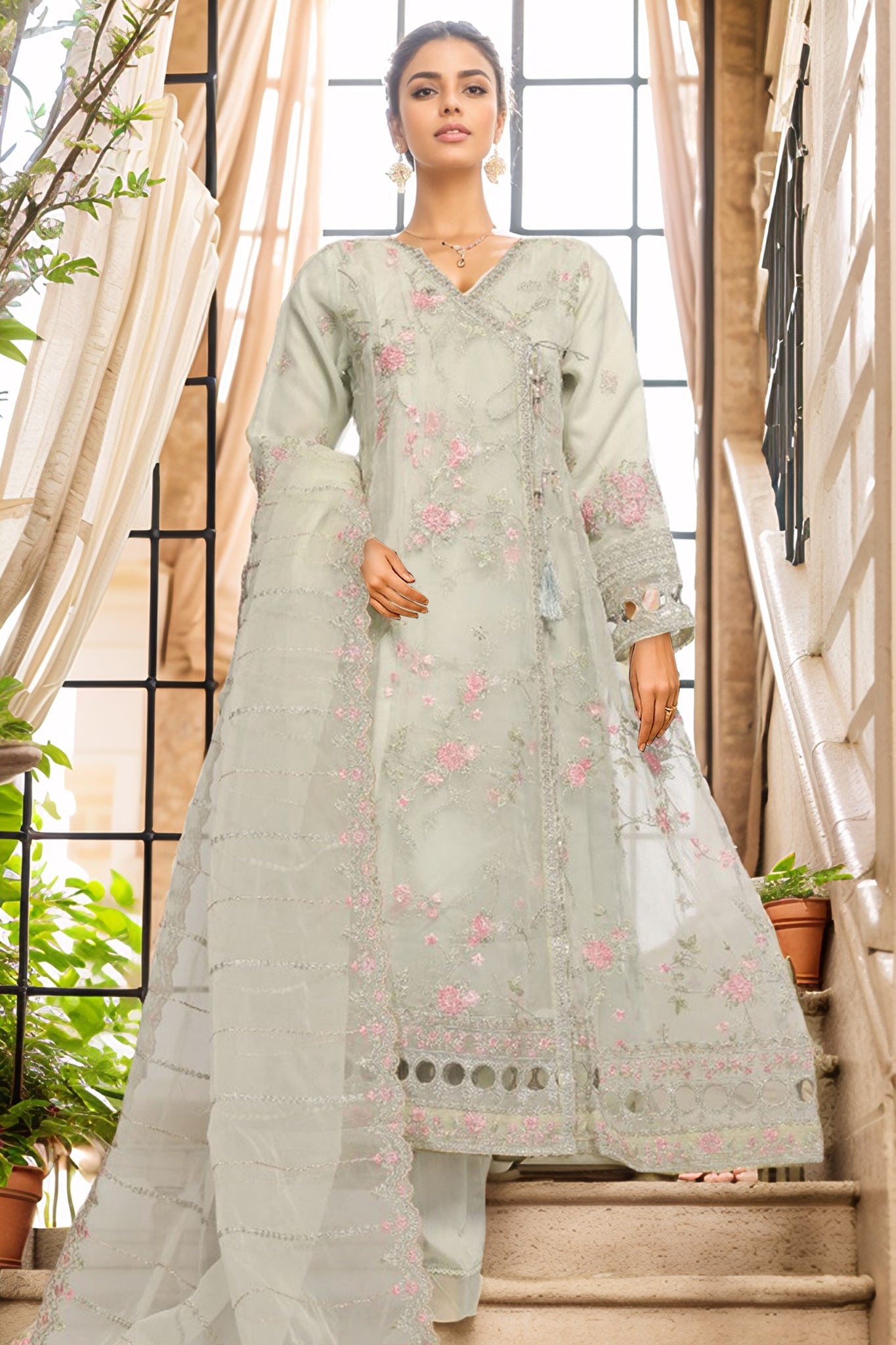 Bin Saeed Stitched 3 Piece Luxury Emb Organza Frock Collection'2025-OWS-1831-Pista