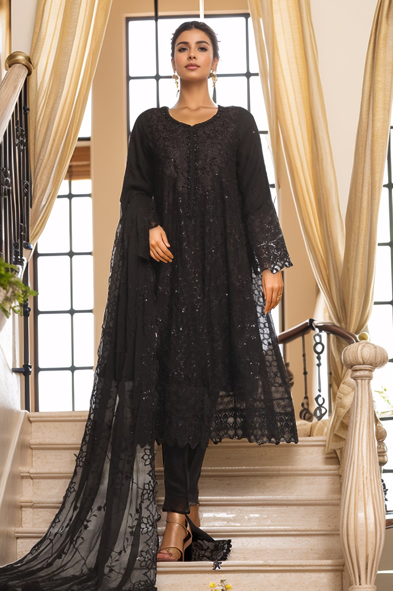 Bin Saeed Stitched 3 Piece Luxury Emb Organza Frock Collection'2025-OWS-1834-Black