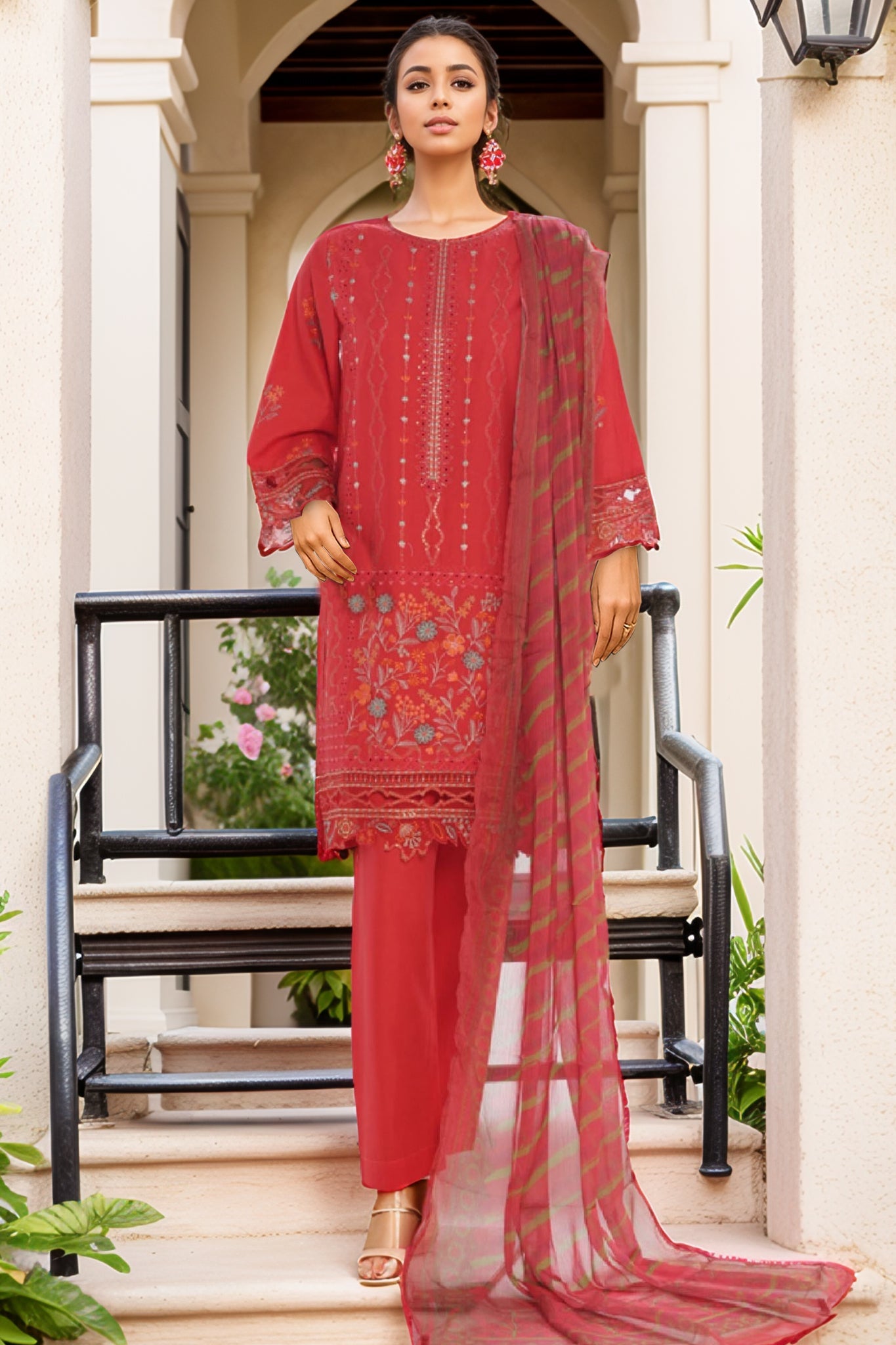 Bin Saeed Stitched 3 Piece Luxury Plain Cotton Vol-02 Collection-LF-1603-Red