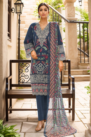 Bin Saeed Stitched 3 Piece Luxury Plain Cotton Vol-02 Collection-LF-1612-Blue