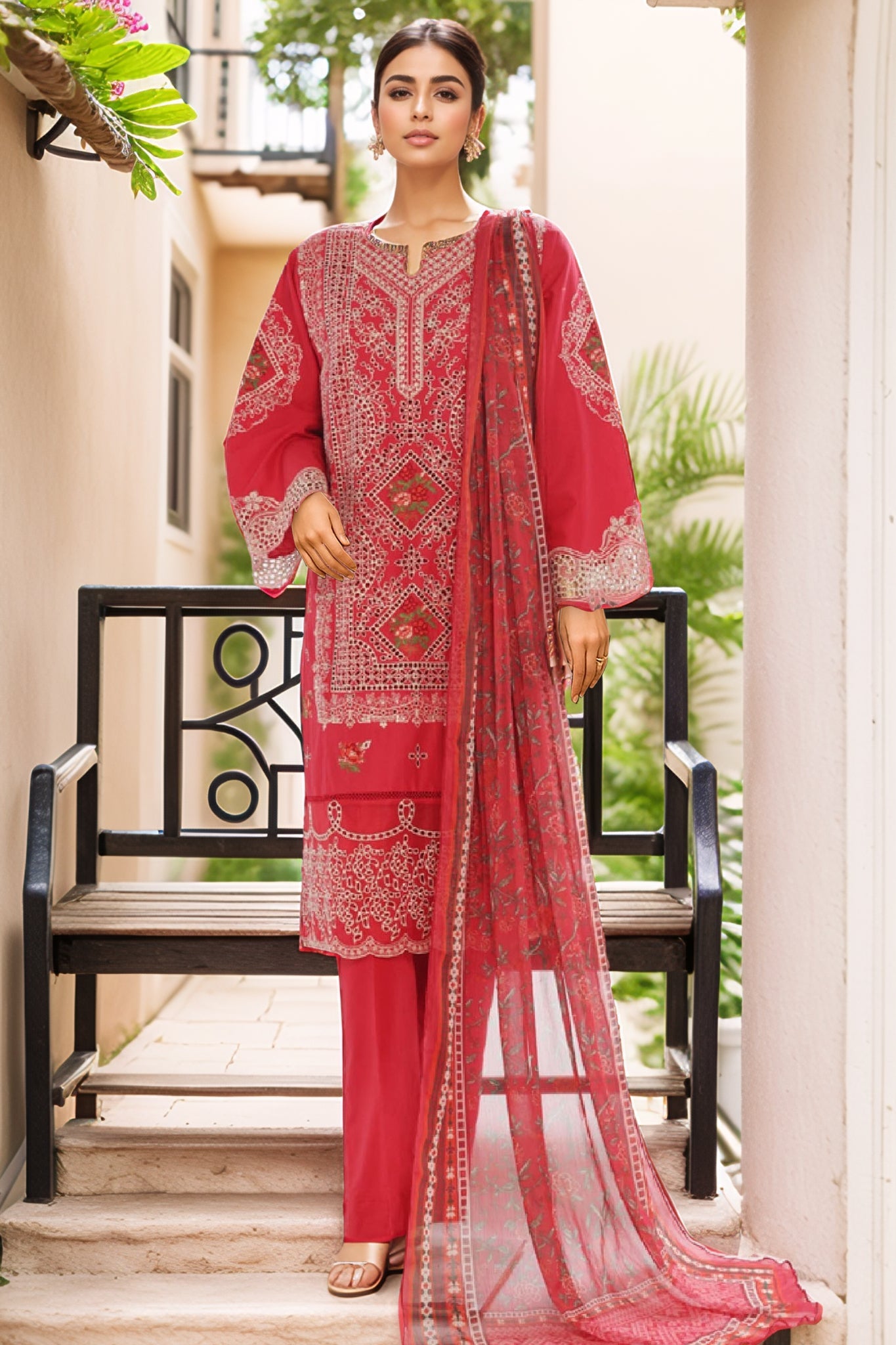 Bin Saeed Stitched 3 Piece Luxury Plain Cotton Vol-02 Collection-LF-1610-Red