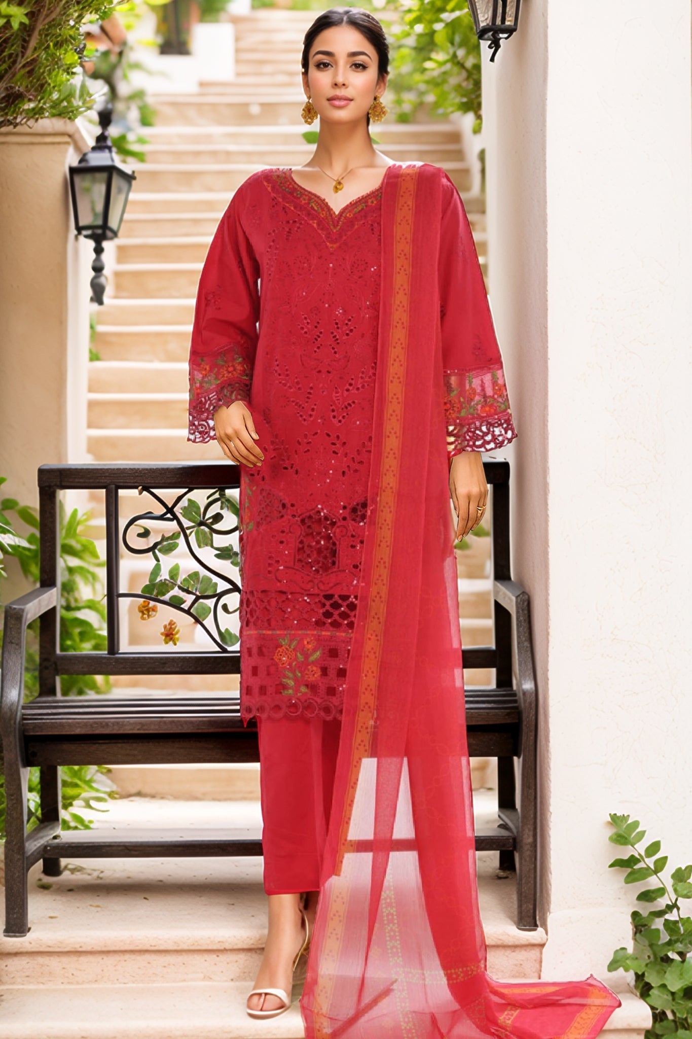 Bin Saeed Stitched 3 Piece Luxury Plain Cotton Vol-02 Collection-LF-1611-Red