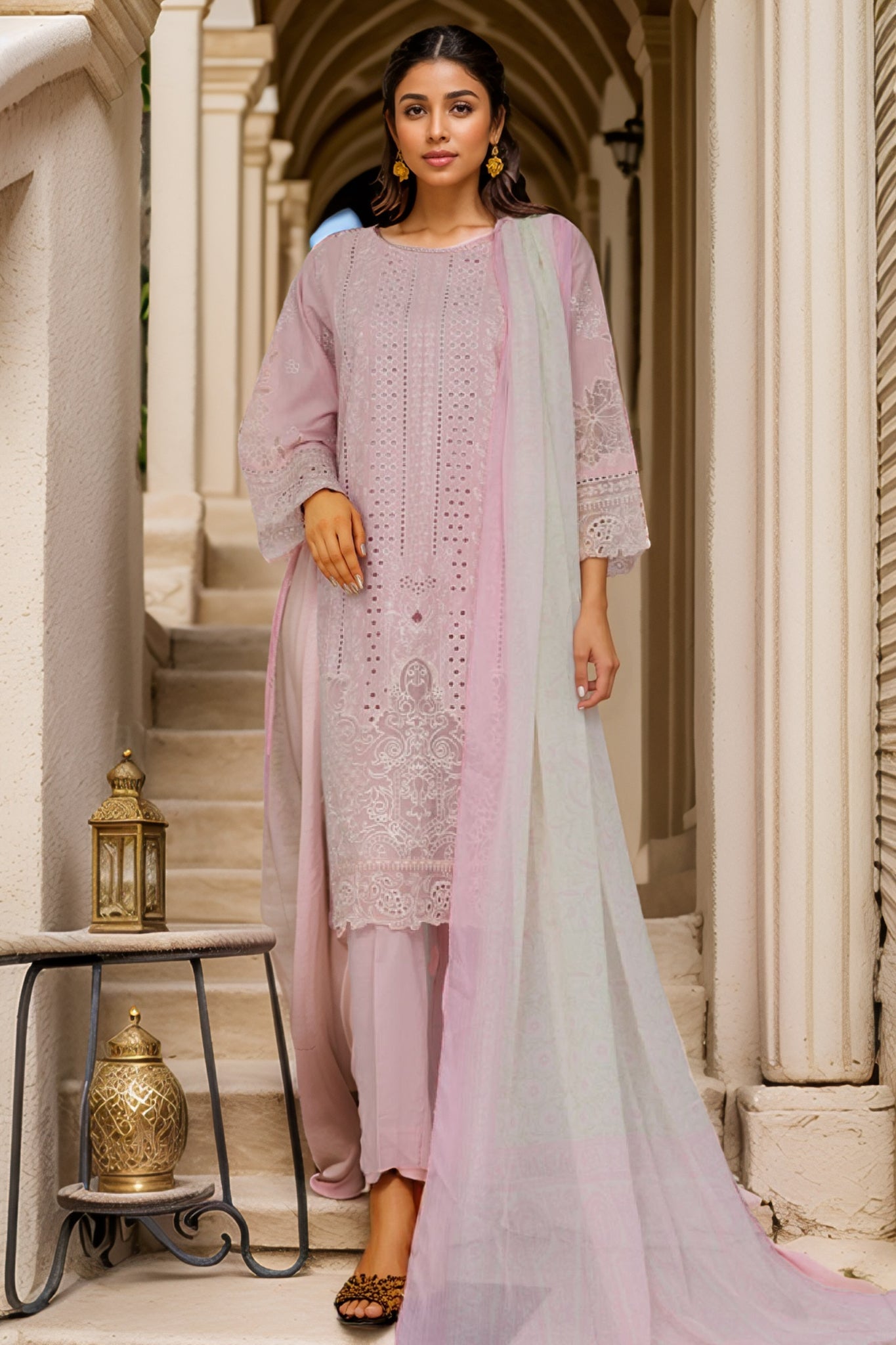 Bin Saeed Stitched 3 Piece Luxury Plain Cotton Vol-03 Collection-LF-1718-Pink