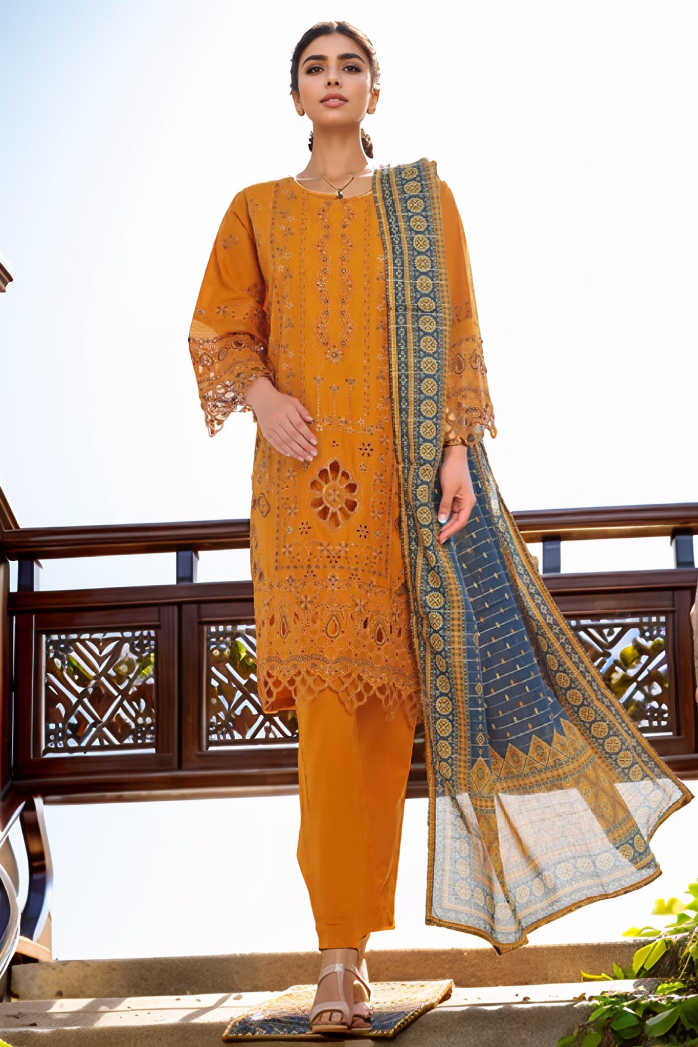 Bin Saeed Stitched 3 Piece Luxury Plain Cotton Vol-03 Collection-LF-1724-Mustard