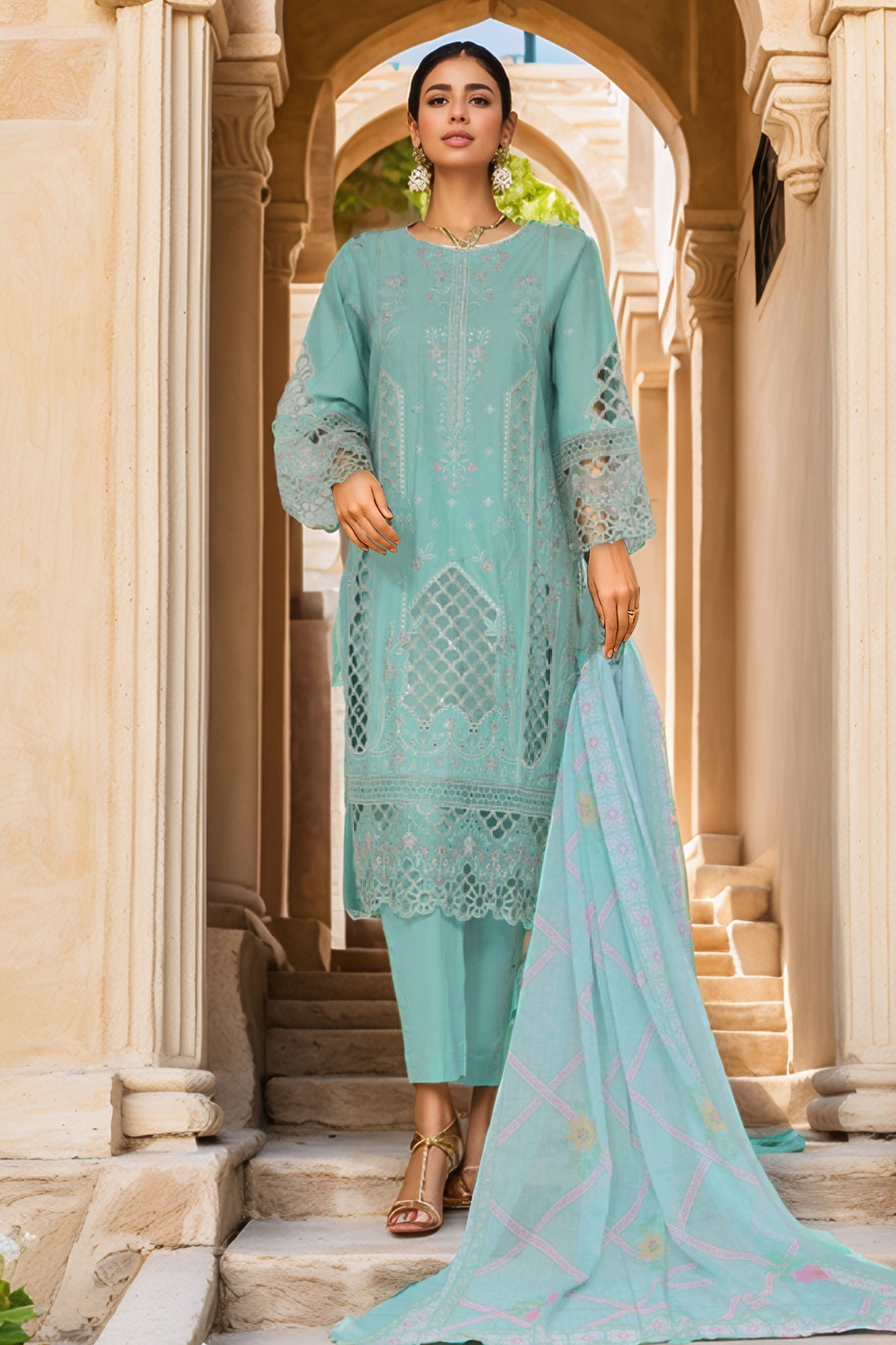 Bin Saeed Stitched 3 Piece Luxury Plain Cotton Vol-03 Collection-LF-1727-Sea Green