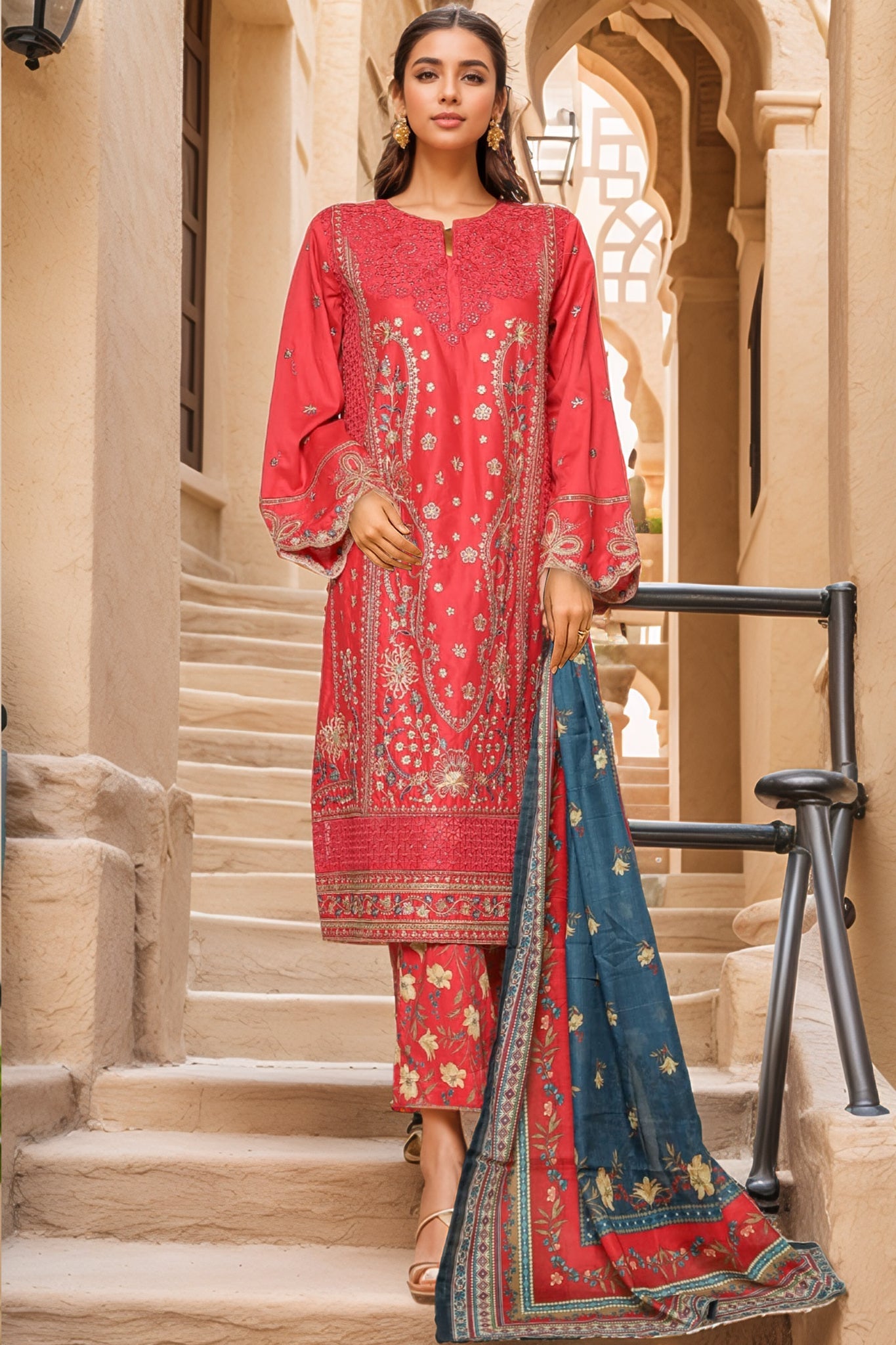 Bin Saeed Stitched 3 Piece Luxury Plain Cotton With Printed Back Collection'2025-NSM-2179-Magenta
