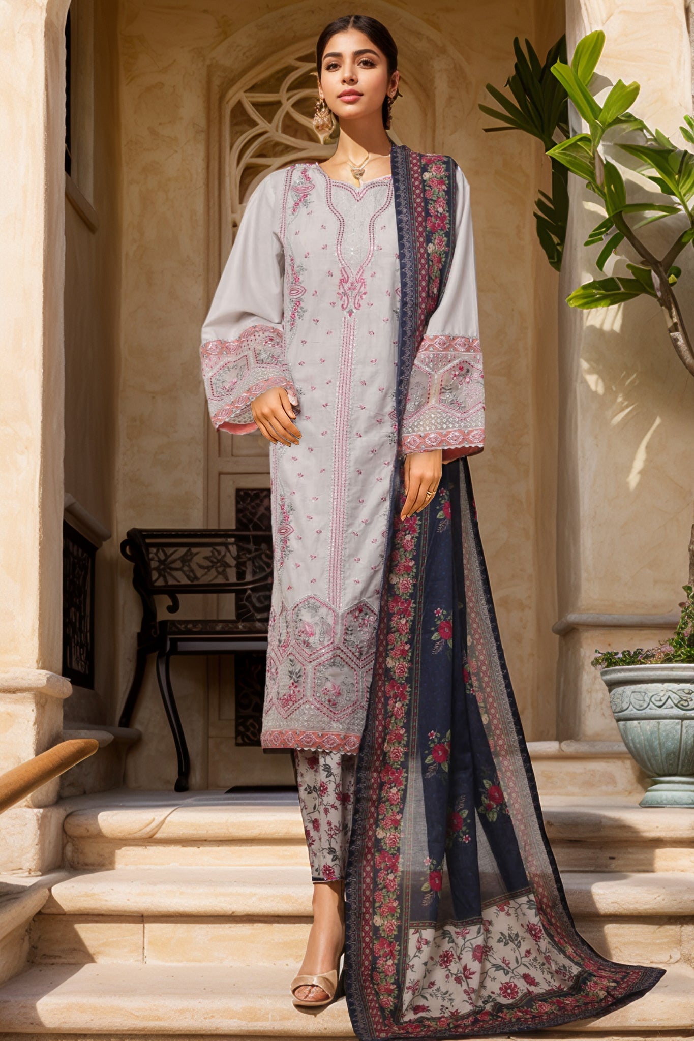 Bin Saeed Stitched 3 Piece Luxury Plain Cotton With Printed Back Vol-02 Collection'2025-NSM-2226-White