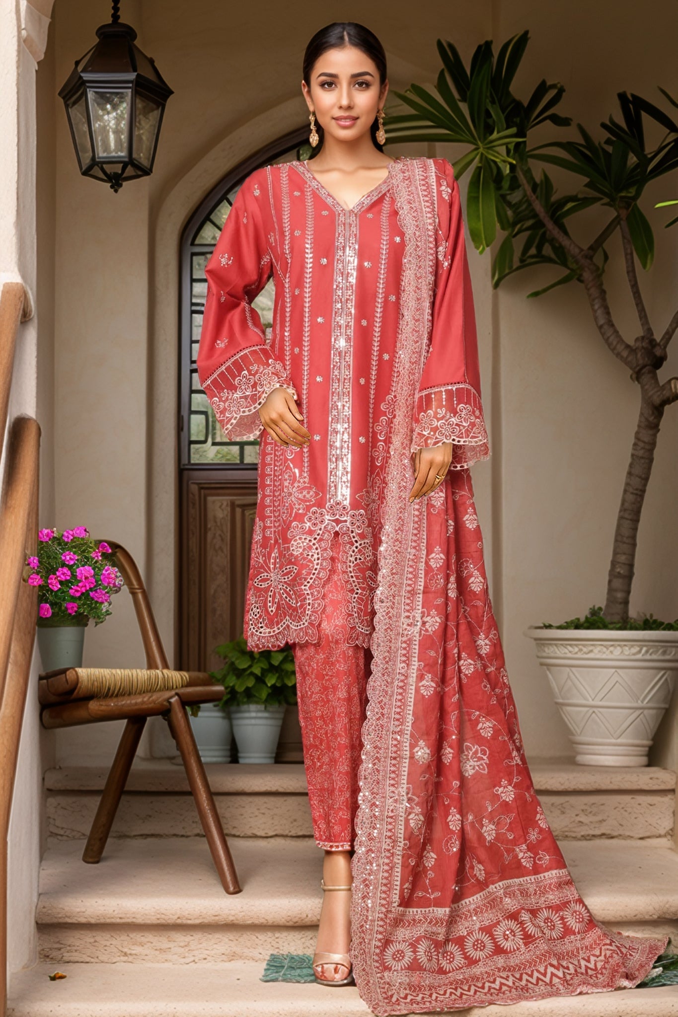 Bin Saeed Stitched 3 Piece Luxury Plain Cotton With Printed Back Vol-02 Collection'2025-NSM-2235-Rust