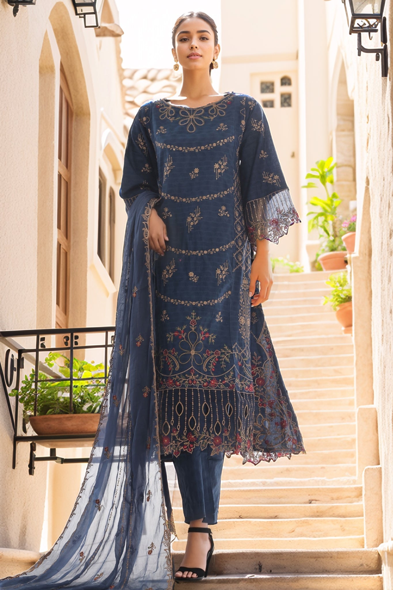 Bin Saeed Stitched 3 Piece Luxury Self & Self Frock Collection-SMK-1592-Navy Blue