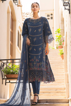 Bin Saeed Stitched 3 Piece Luxury Self & Self Frock Collection-SMK-1592-Navy Blue