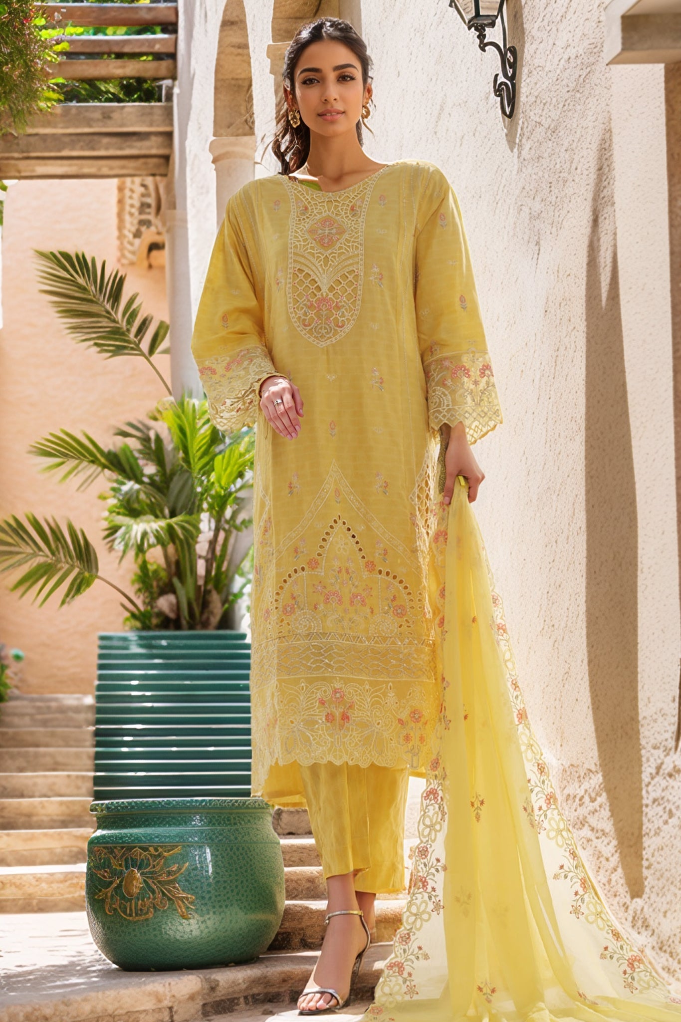 Bin Saeed Stitched 3 Piece Luxury Self & Self Frock Collection-SMK-1594-Yellow
