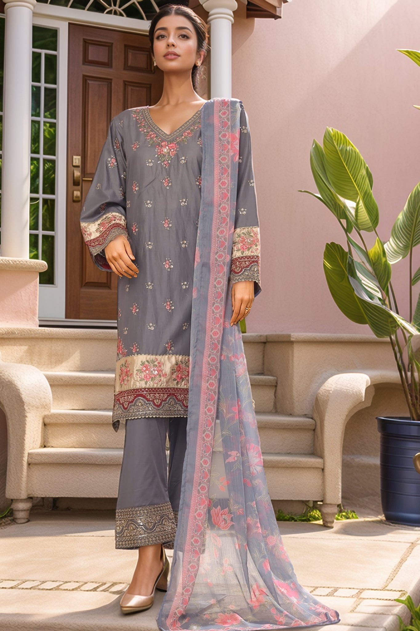 Bin Saeed Stitched 3 Piece Plain Cotton with Emb Trouser Collection'2025-SMPC-1975-Grey