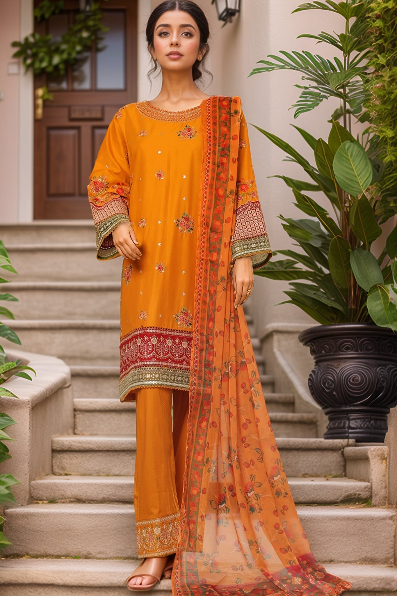 Bin Saeed Stitched 3 Piece Plain Cotton with Emb Trouser Collection'2025-SMPC-1977-Mustard