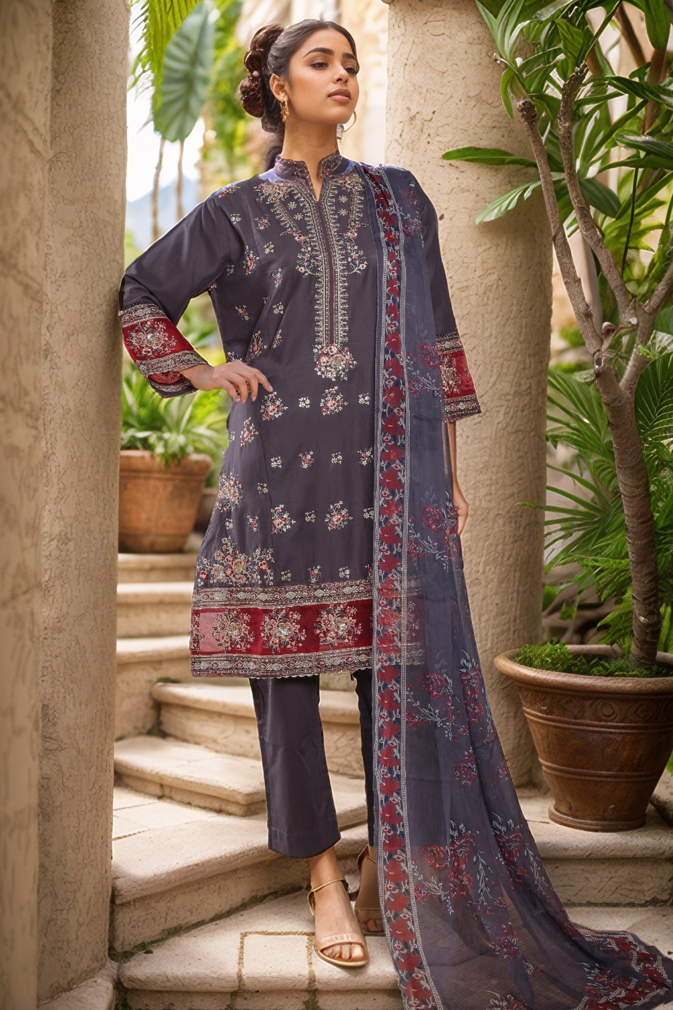 Bin Saeed Stitched 3 Piece Plain Lawn Vol-01 Collection'2025-LF-2273-Grey