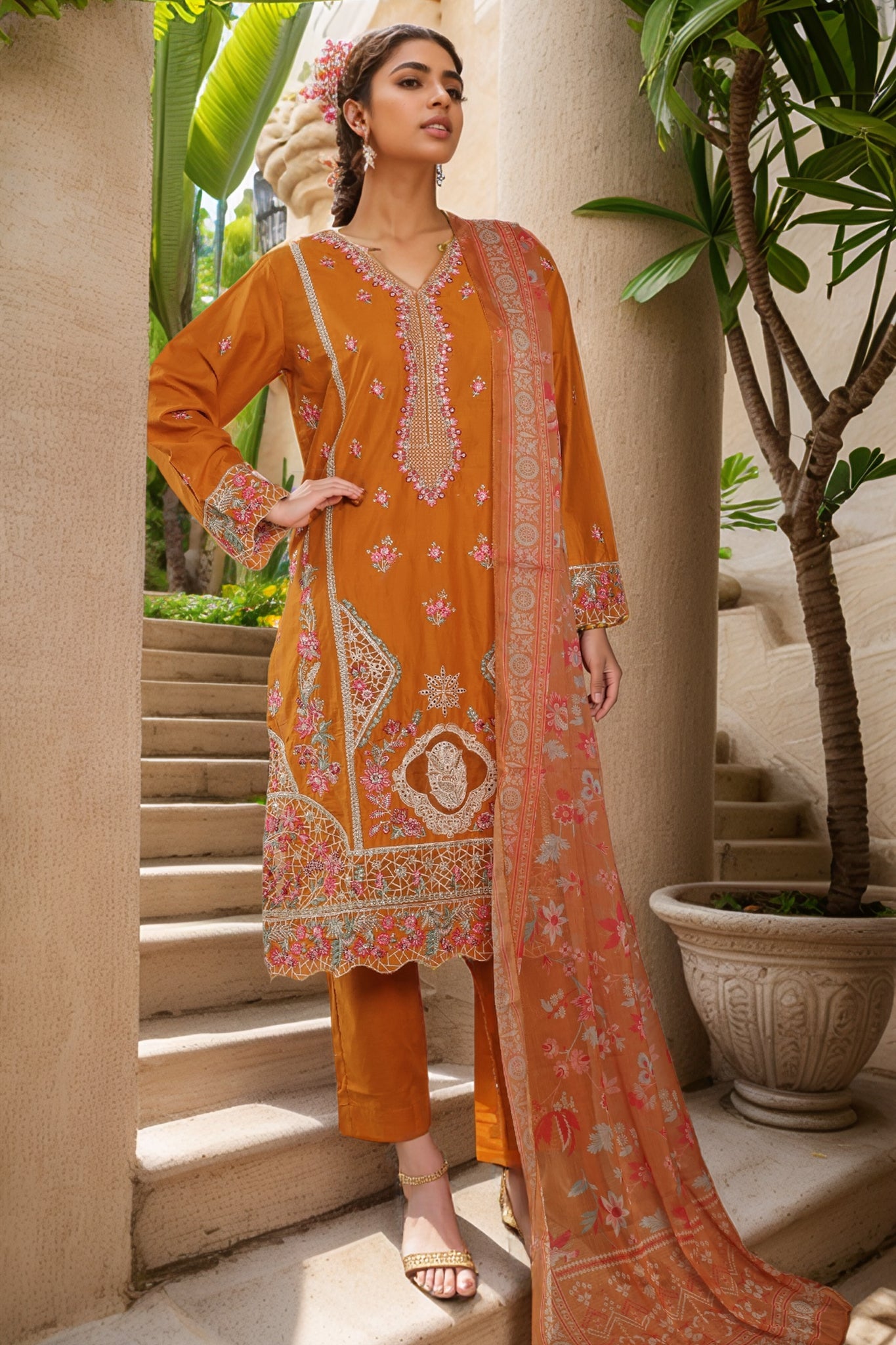 Bin Saeed Stitched 3 Piece Plain Lawn Vol-01 Collection'2025-LF-2278-Mustard