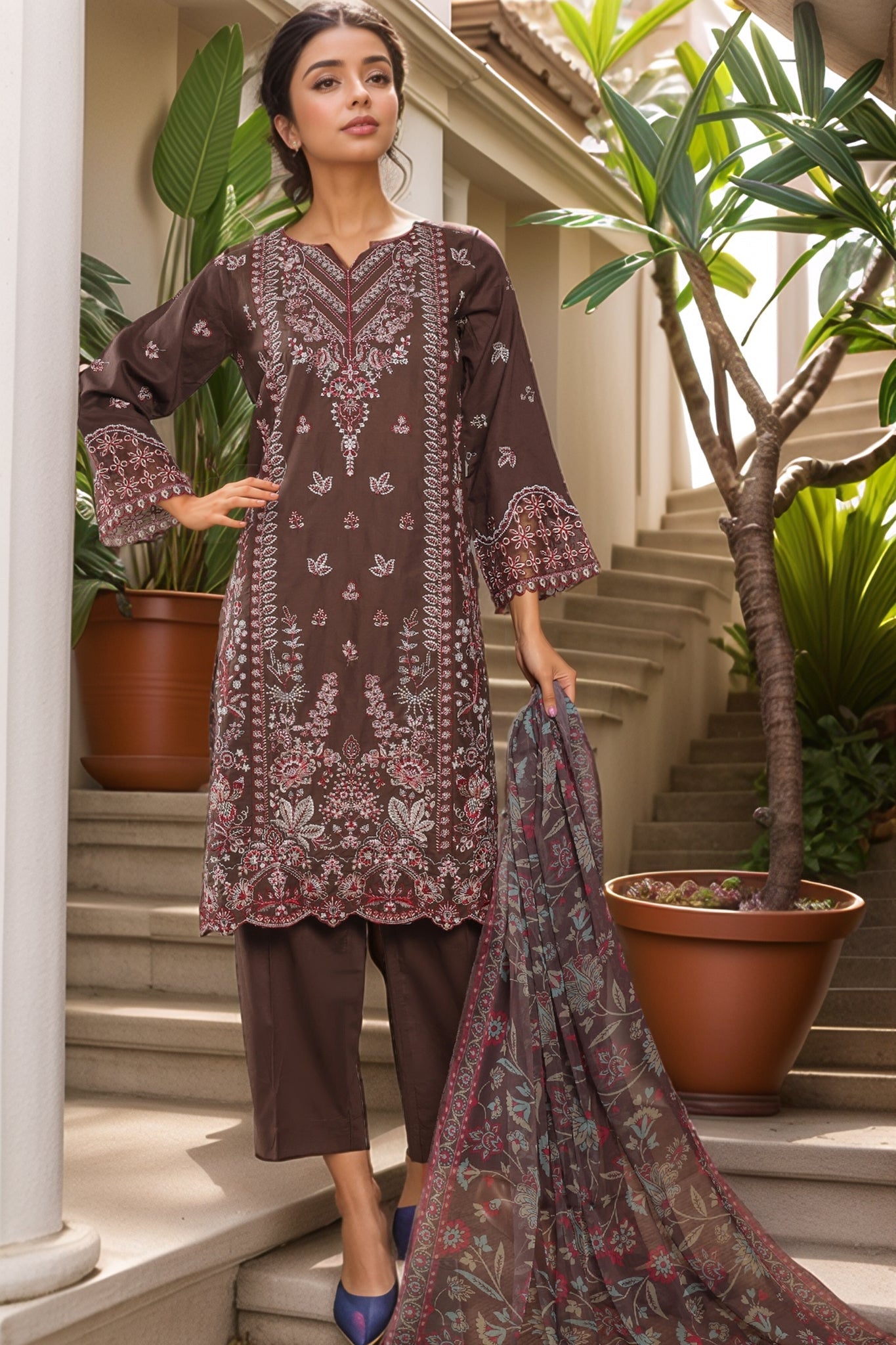Bin Saeed Stitched 3 Piece Plain Lawn Vol-01 Collection'2025-LF-2279-A Brown