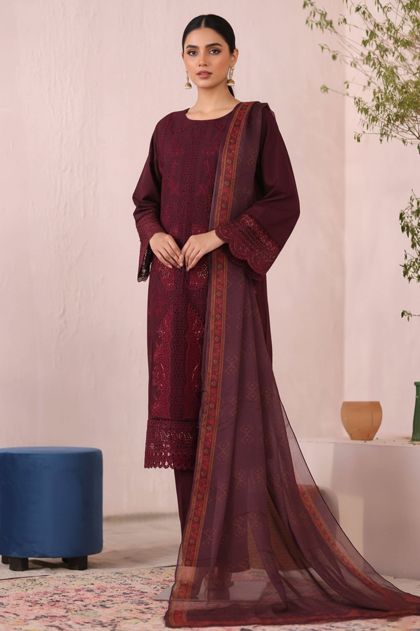 Bin Saeed Stitched 3 Piece Luxury Plain Cotton Collection'2025-LF-2481-Maroon