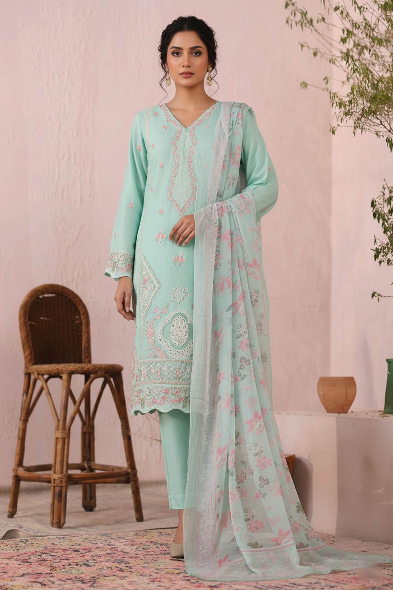 Bin Saeed Stitched 3 Piece Luxury Plain Cotton Suit-LF-2480-Green