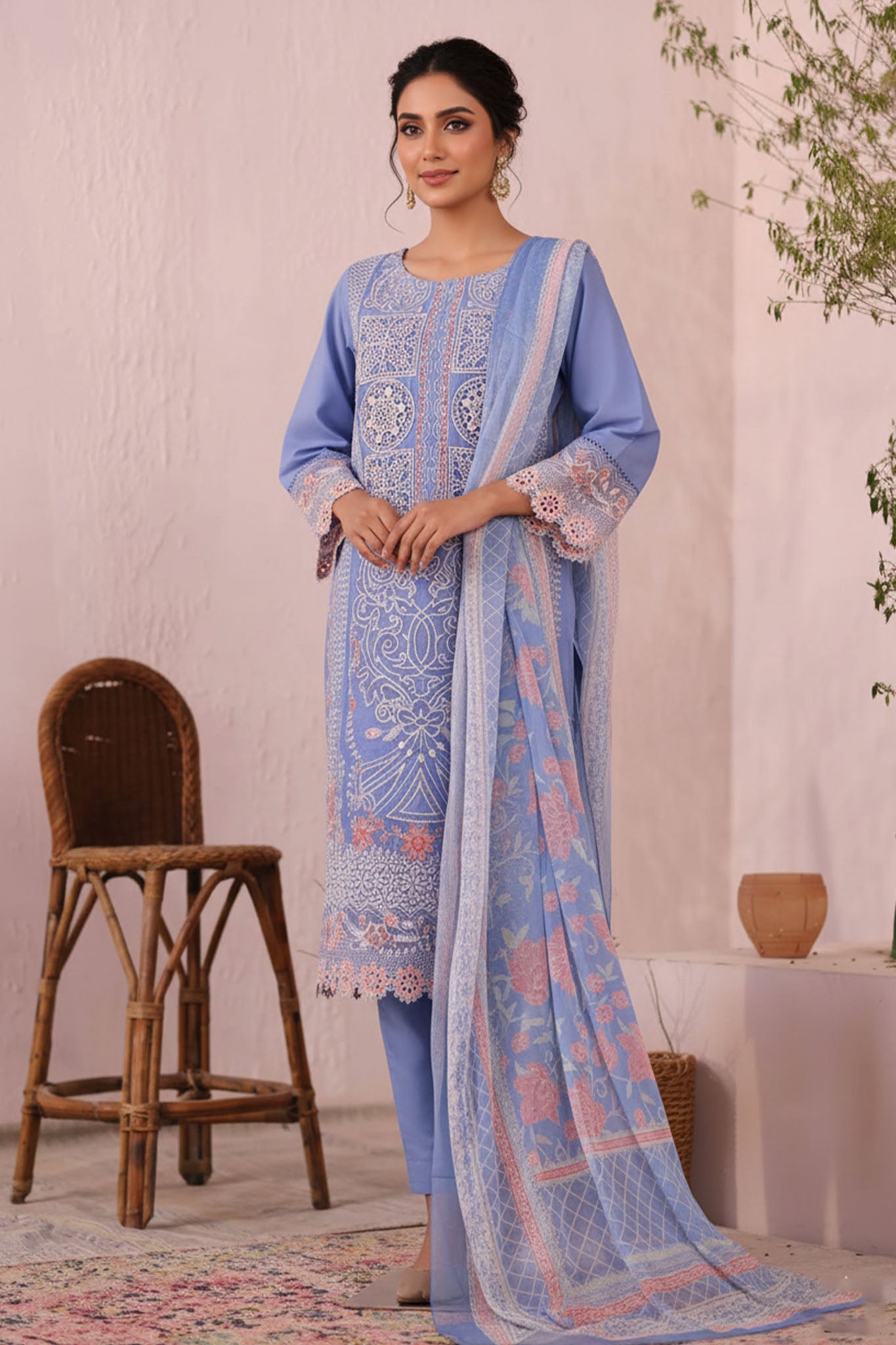 Bin Saeed Stitched 3 Piece Luxury Plain Cotton Suit-LF-2483-Ferozi