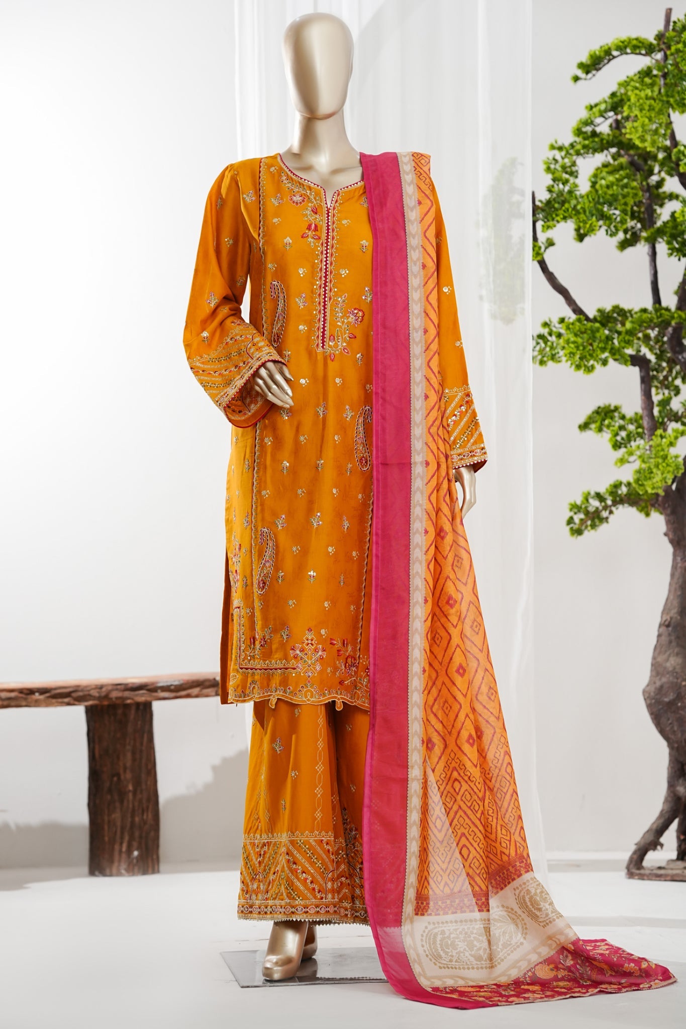 Bin Saeed Stitched 3 Piece Luxury Jacquard Vol-01 Suit-JAQ-2955-MUSTARD