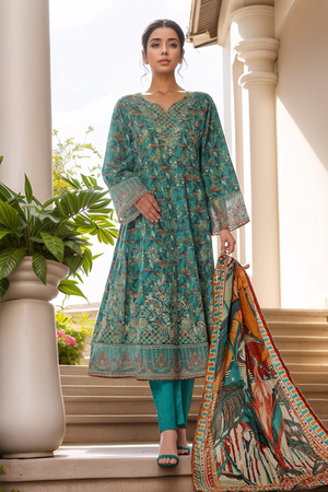 Bin Saeed Stitched 3 Piece Emb Lawn Frock Vol-02 Collection-SM-1624-Sea Green