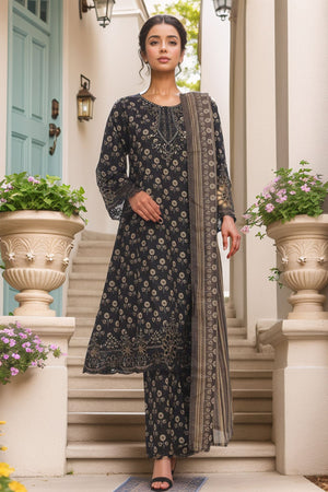 Bin Saeed Stitched 3 Piece Emb Lawn Frock Vol-03 Collection-SM-1645-Black