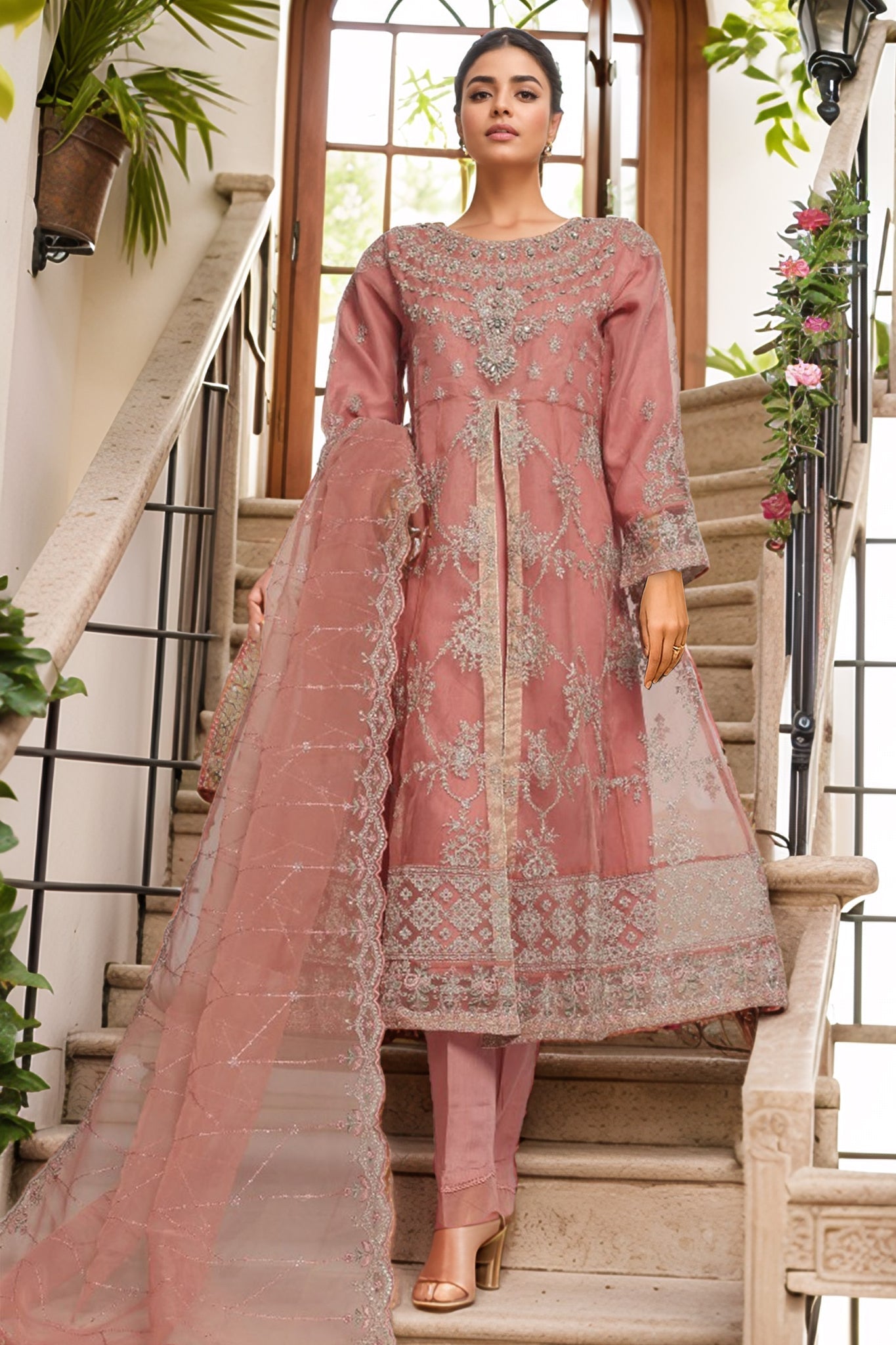 Bin Saeed Stitched 3 Piece Luxury Emb Organza Frock Collection'2025-OWS-1829-Mauve