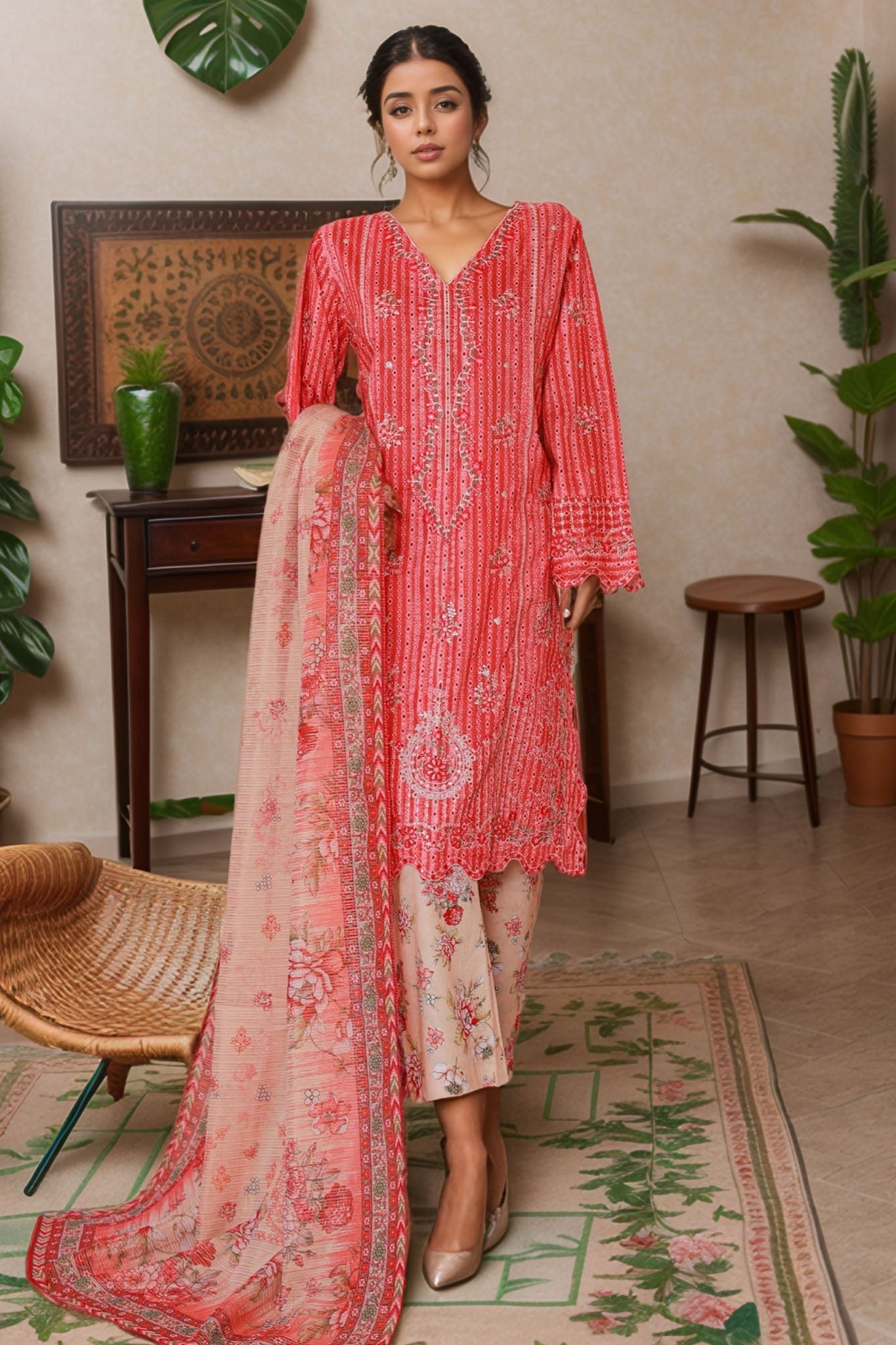 Bin Saeed Stitched 3 Piece Self Stripe Vol-02 Collection'2025-SM-2086-Red