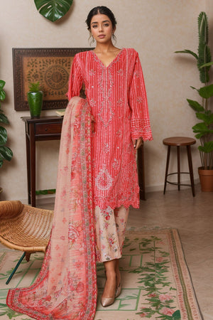 Bin Saeed Stitched 3 Piece Self Stripe Vol-02 Collection'2025-SM-2086-Red