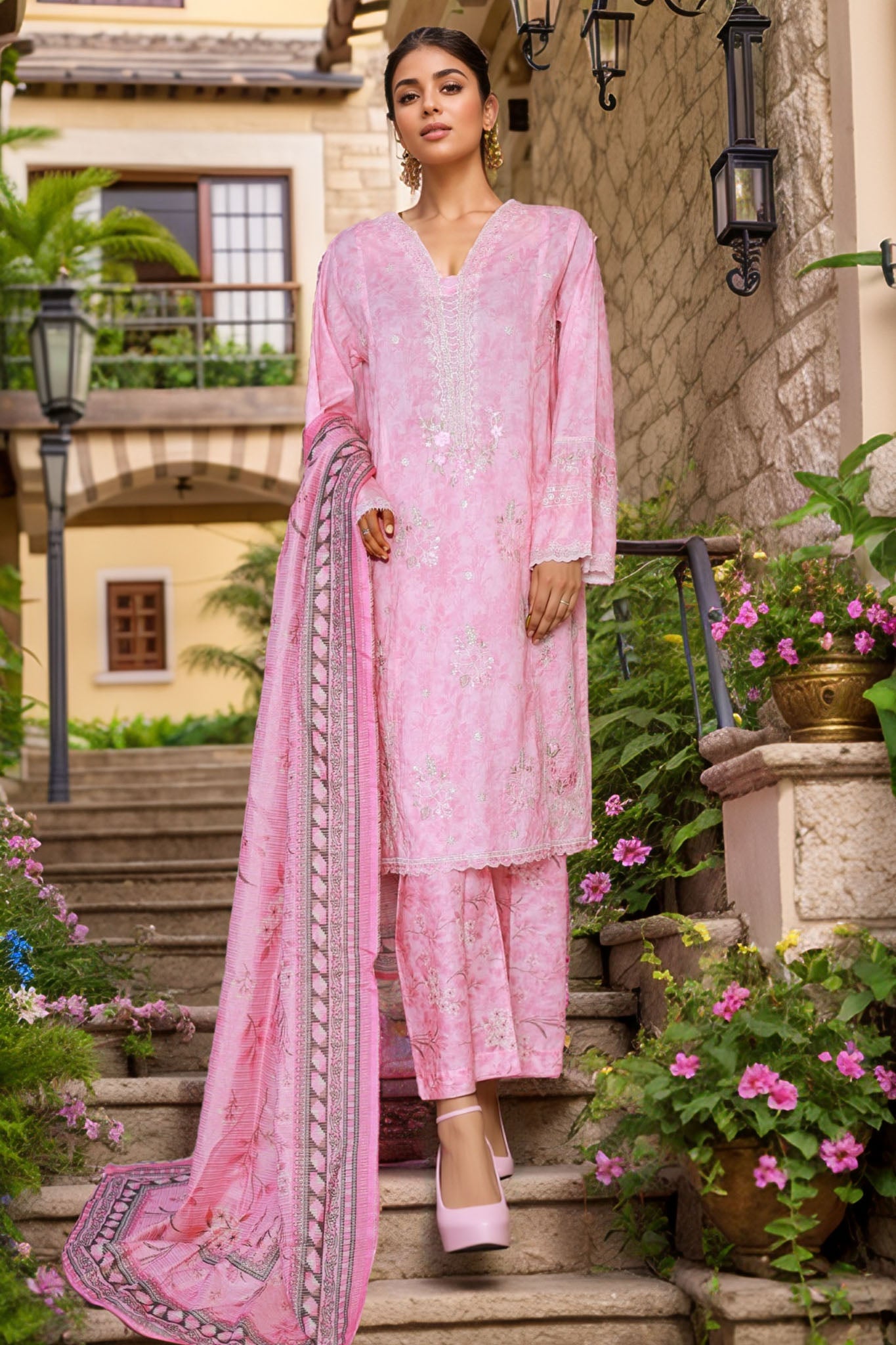 Bin Saeed Stitched 3 Piece Self Stripe Vol-02 Collection'2025-SM-2090-Pink