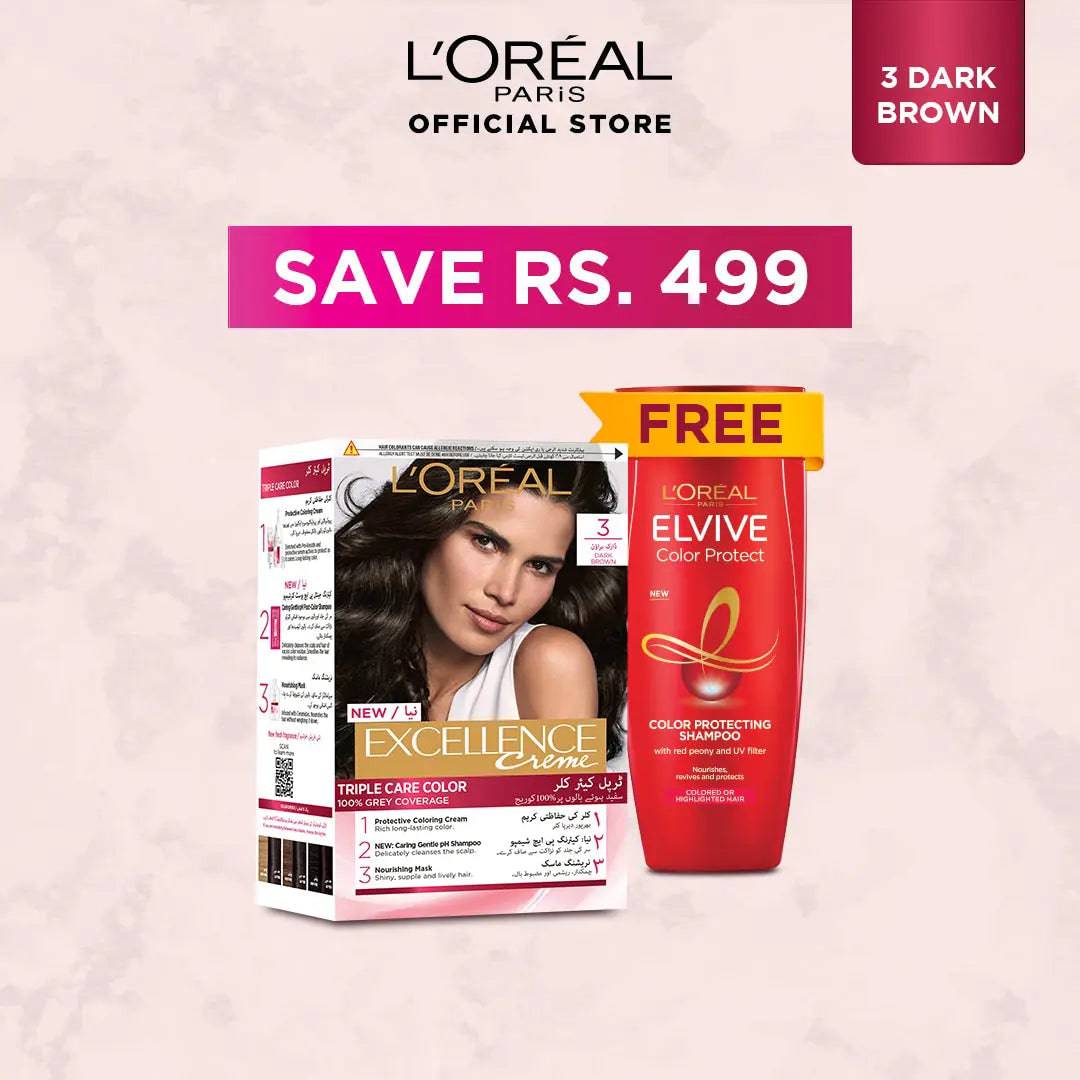Bundle - L'Oreal Paris Excellence Creme Hair Colour #3 Dark Brown with Free Shampoo - My Store