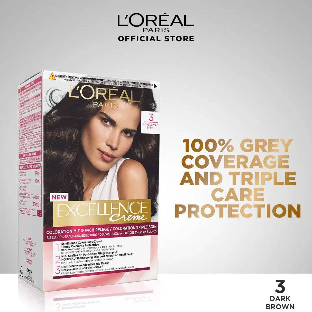 Bundle - L'Oreal Paris Excellence Creme Hair Colour #3 Dark Brown with Free Shampoo - My Store