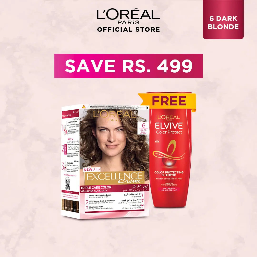 Bundle - L'Oreal Paris Excellence Creme Hair Colour #6 Dark Blonde with Free Shampoo - My Store