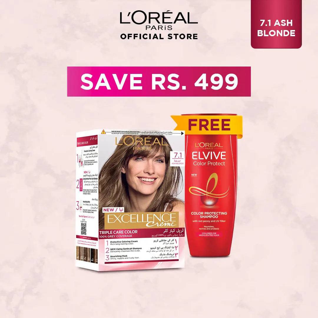 Bundle - L'Oreal Paris Excellence Creme Hair Colour #7.1 Ash Blonde Hair Color with Free Shampoo - My Store