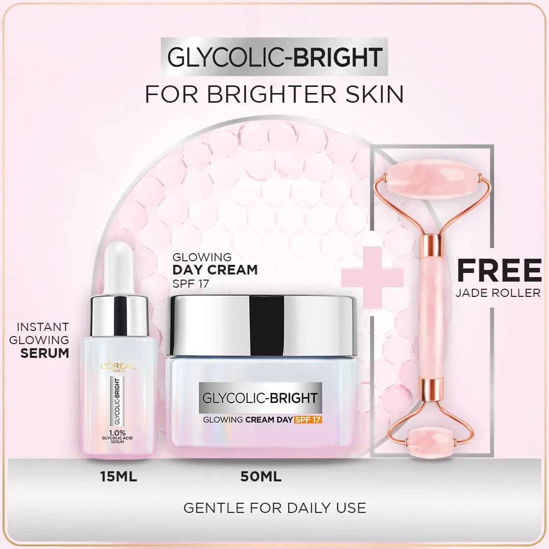 Bundle - L'Oreal Paris Glycolic Bright Instant Glowing Face Serum 15Ml + L'Oreal Paris Glycolic Bright Glowing Gel Day Cream 50ml with Free jade Roller - My Store