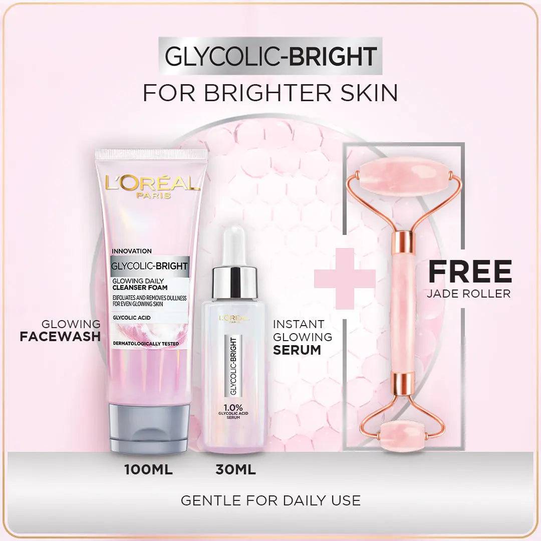 Bundle - L'Oreal Paris Glycolic Bright Instant Glowing Face Serum 30Ml + L'Oreal Paris Glycolic Bright Glowing Daily Face Wash 100ml with free jade roller - My Store