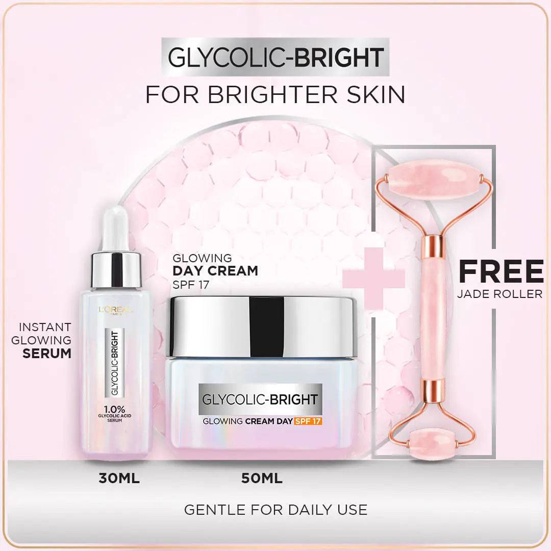 Bundle - L'Oreal Paris Glycolic Bright Instant Glowing Face Serum 30Ml + L'Oreal Paris Glycolic Bright Glowing Gel Day Cream 50ml with Free jade Roller - My Store