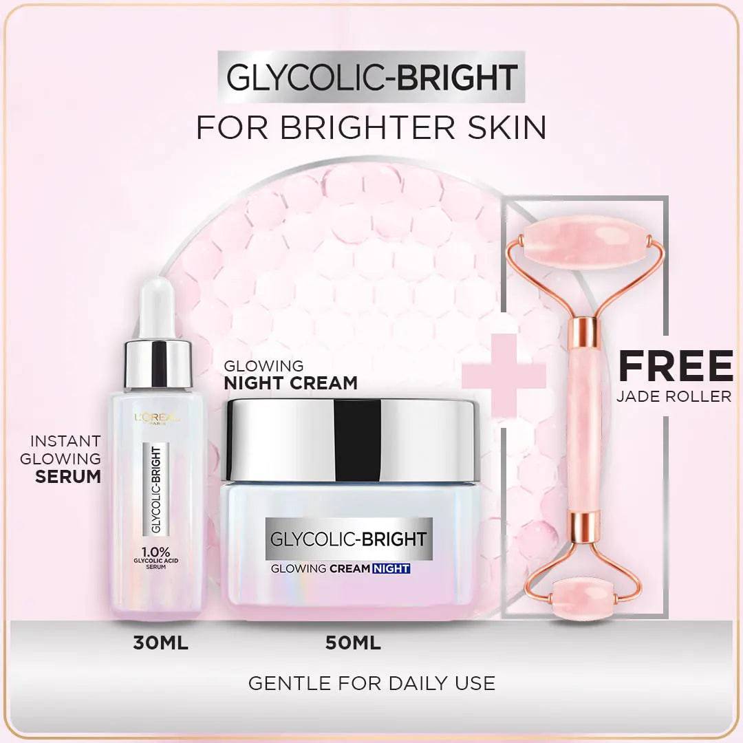 Bundle - L'Oreal Paris Glycolic Bright Instant Glowing Face Serum 30Ml + L'Oreal Paris Glycolic Bright Glowing Gel Night Cream 50ml with free jade Roller - My Store
