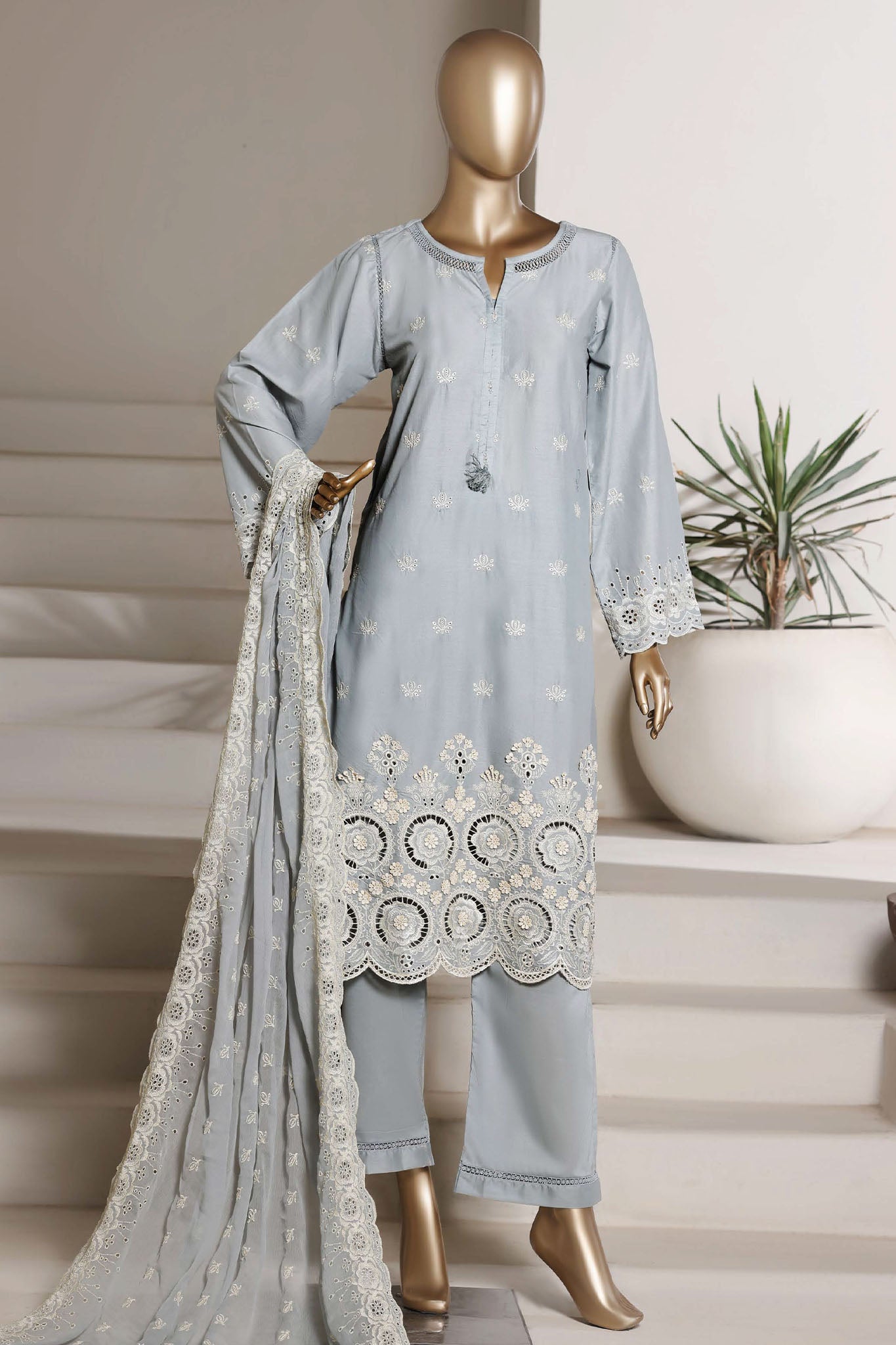 Sada Bahar Stitched 3 Piece Chikankari 3D Laser Work Lawn Vol-02 Suit-CK-01-AZURE