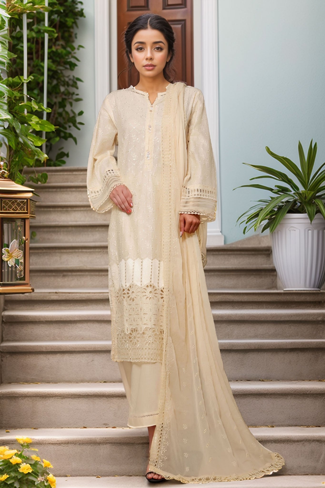 Sada Bahar Stitched 3 Piece Solid Luxury Emb Chikankari Collection'2025-CK2-CREAM