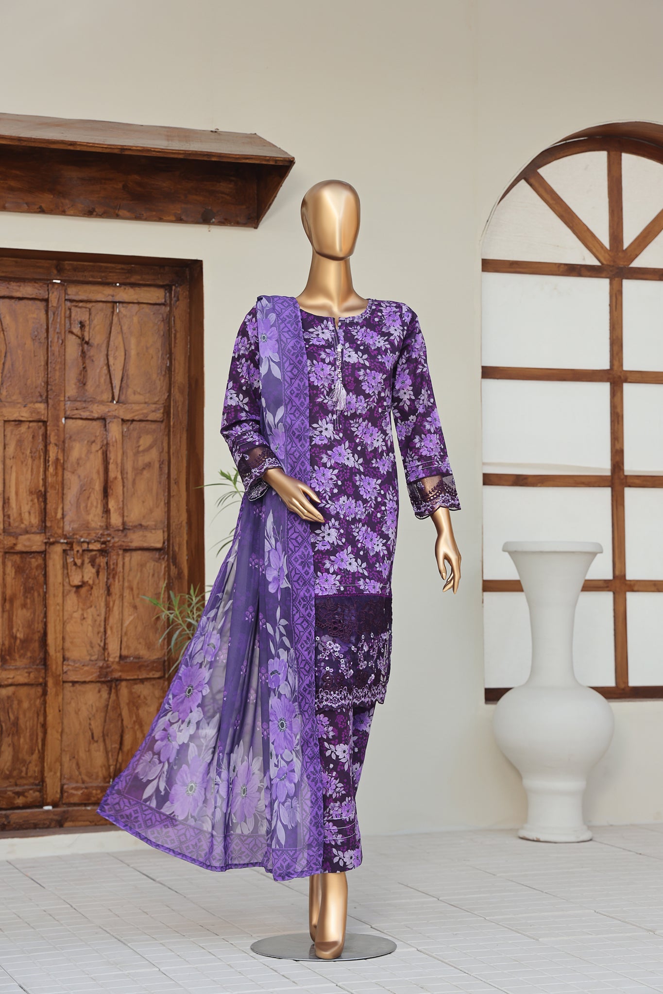 Sumi Stitched 3 Piece Embroidered & Printed Suit-CPE-02-Purple