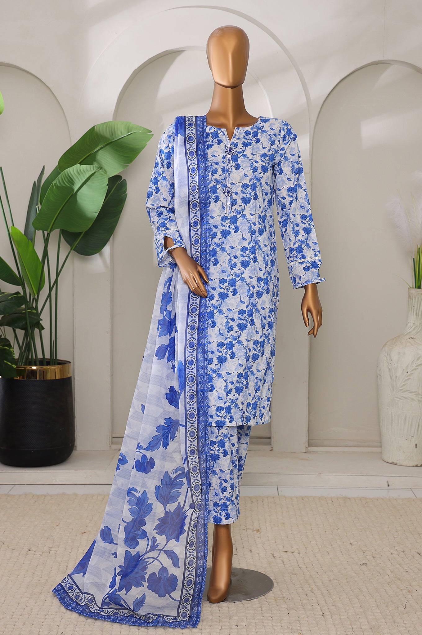 Sumi Stitched 3 Piece Intermix Printed Cambric Suit-CPl-07-Blue