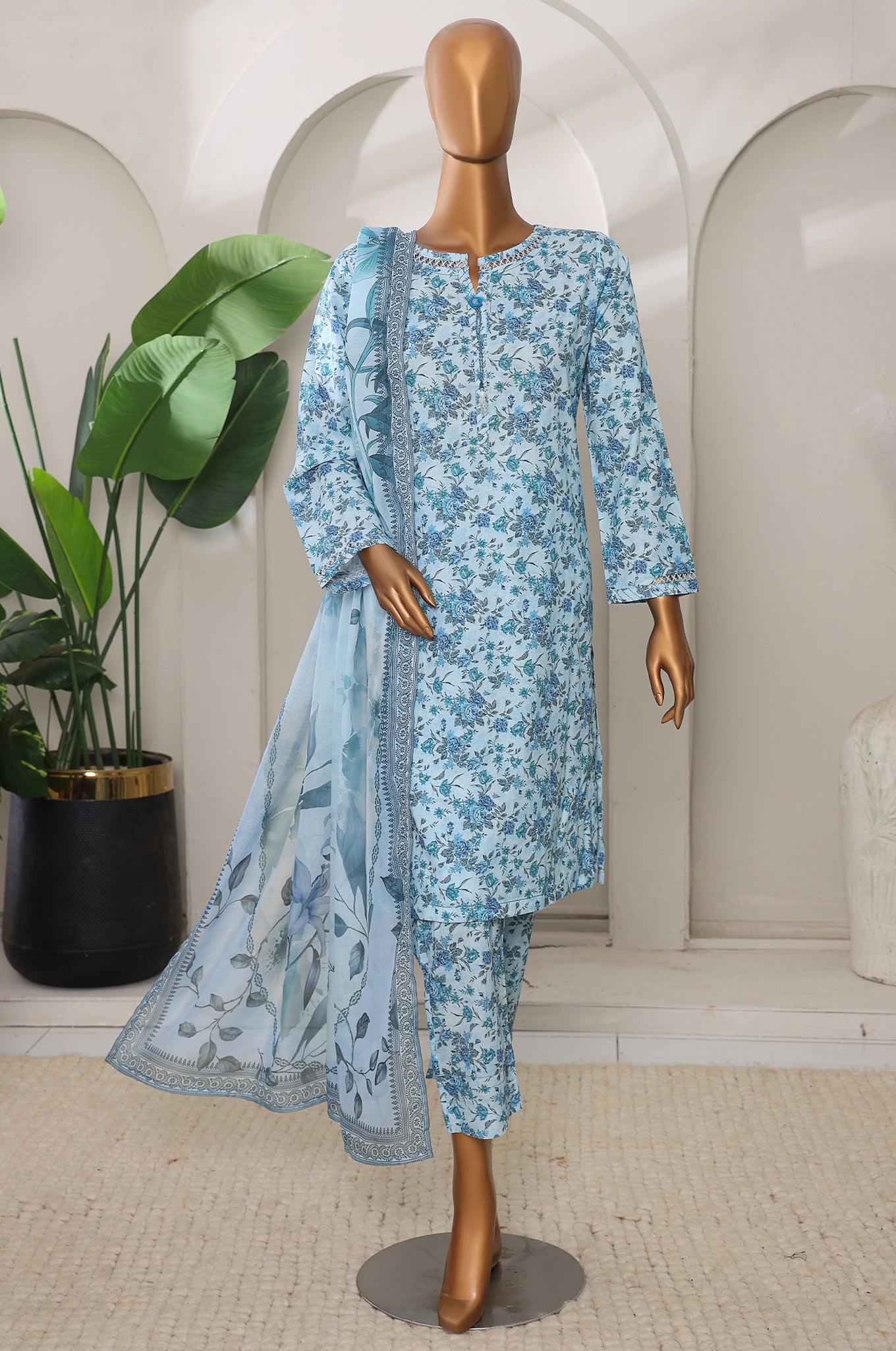 Sumi Stitched 3 Piece Intermix Printed Cambric Suit-CPl-08-Aqua Blue