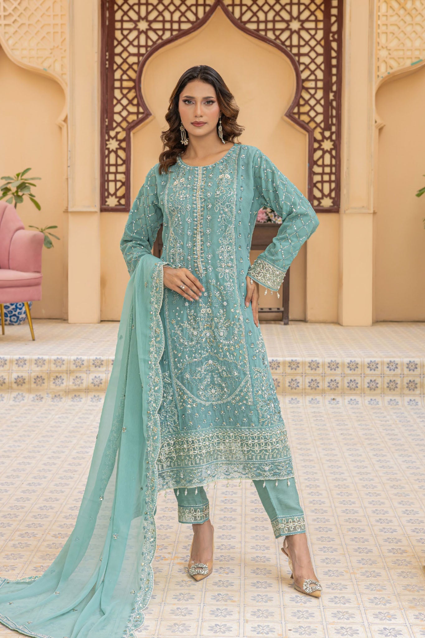 Maya By Azmeerah Stitched 3 Piece Hand Emb Chiffon Suit-03-Cyanora