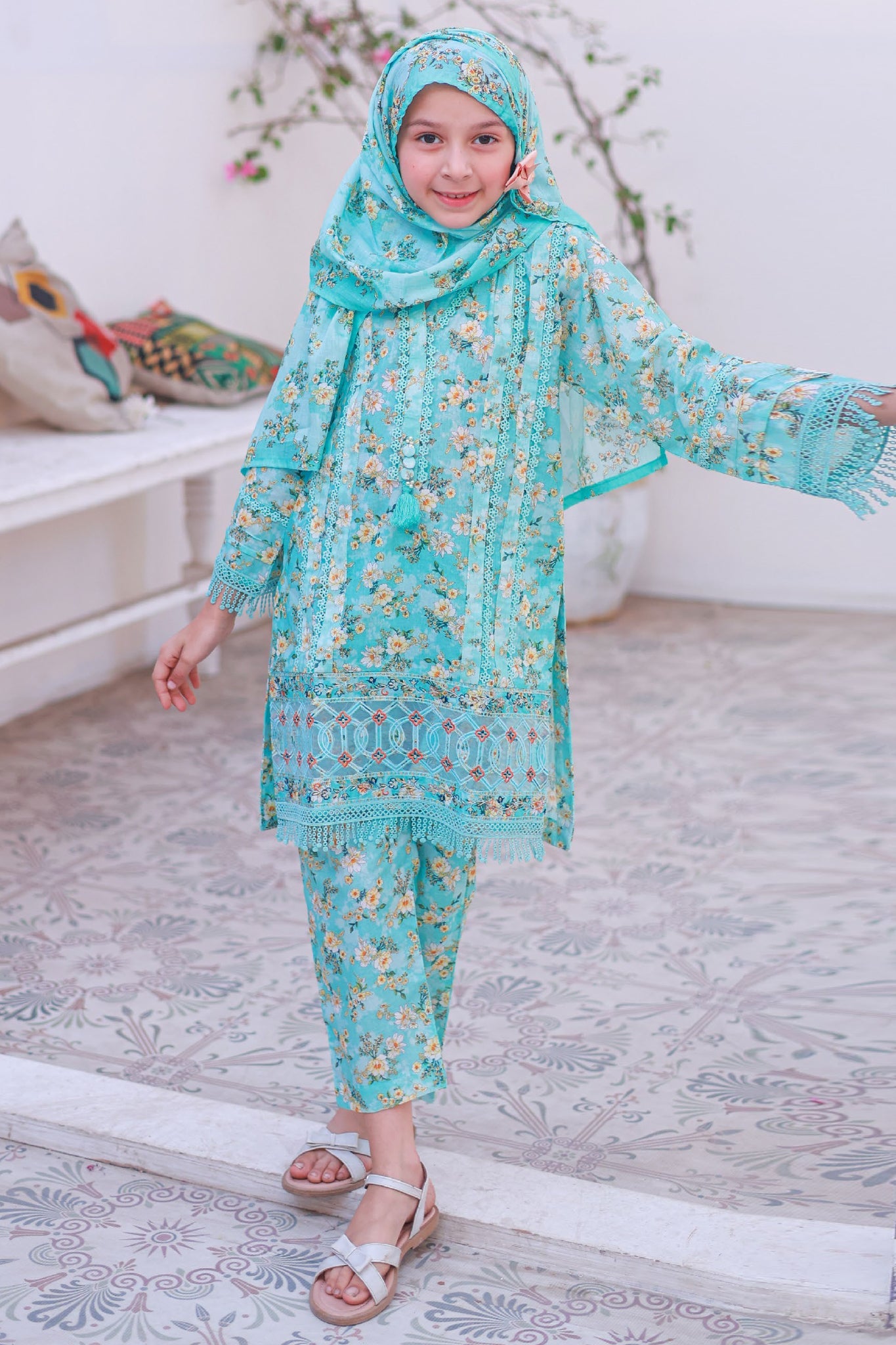 Shifa Girls By Suntex Stitched 3 Piece Emb Lacekaari Cutwork Suit-SH-2511-Sky Blue